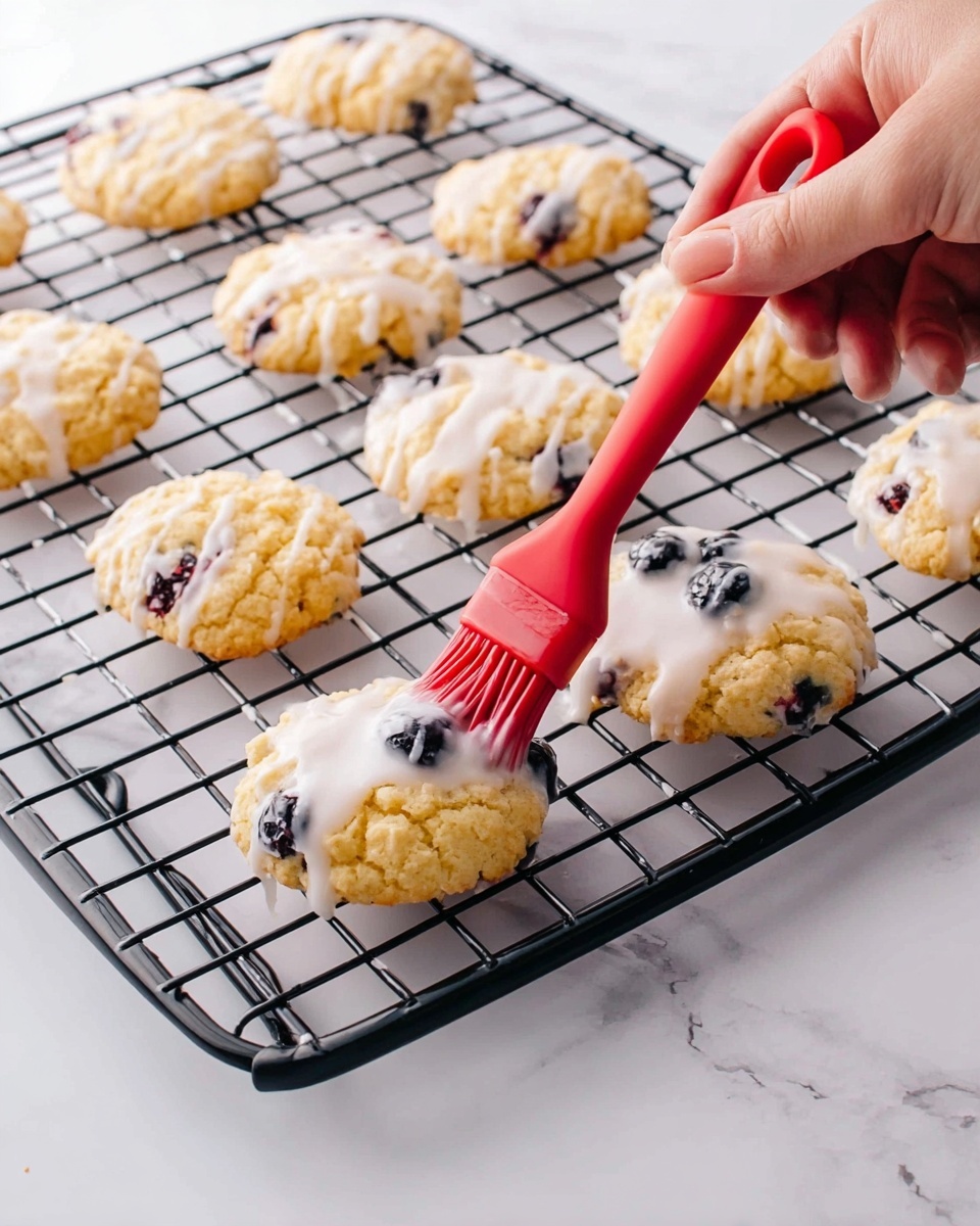 Small round cookies with a light golden texture and visible blueberries are arranged on a black cooling rack placed on a white marbled surface. A woman's hand holds a red brush, glazing the cookies with a white, shiny icing that drips slightly over their edges. The cookies are spaced evenly on the rack, with some glazed fully and others partially covered in icing, showing a soft and slightly crumbly texture. The overall scene is bright and clean. photo taken with an iphone --ar 4:5 --v 7