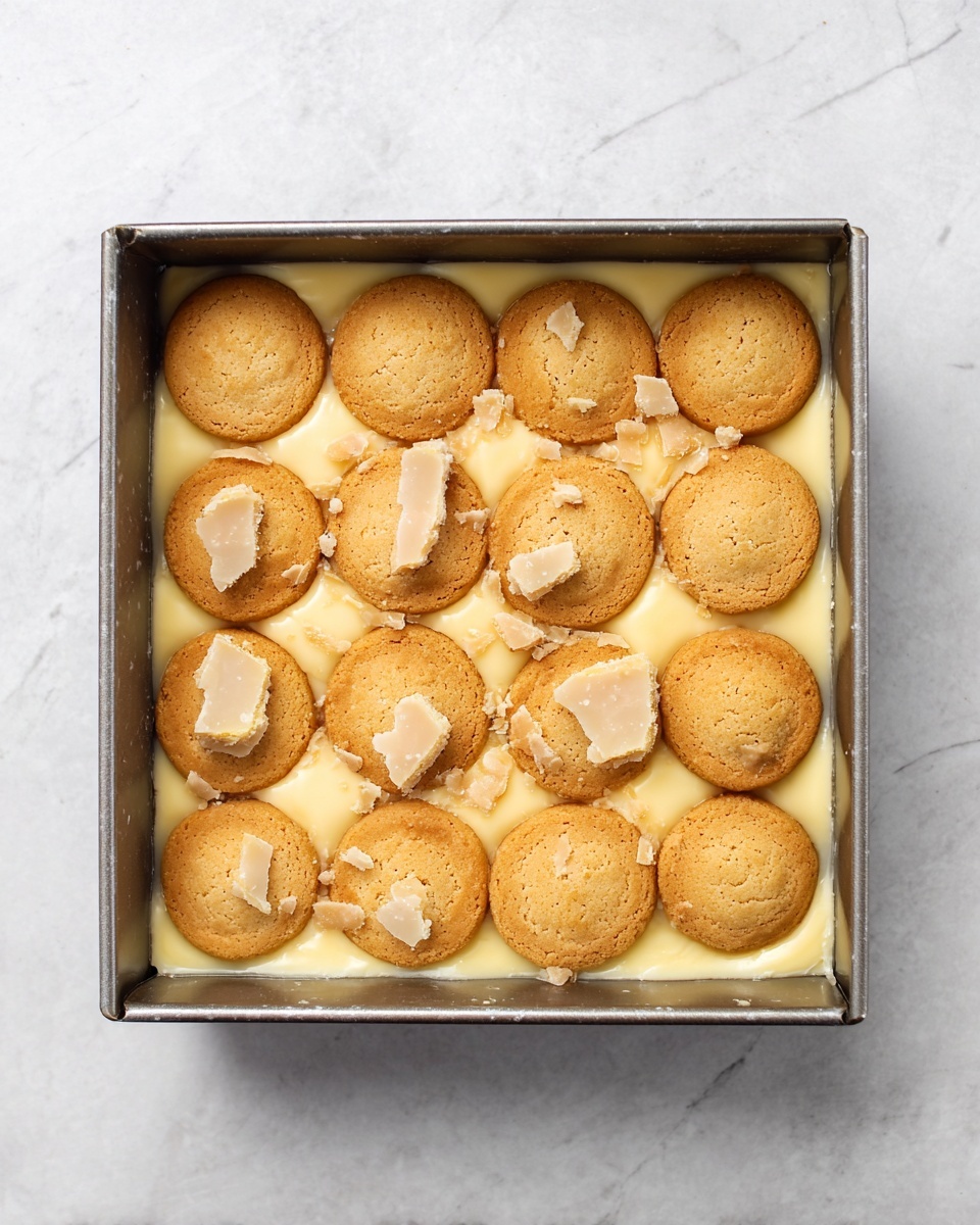 A square metal baking pan filled with soft, pale yellow custard forming the base layer, topped with fourteen evenly spaced, round golden brown cookies, some of which are slightly cracked with bits broken and scattered on top of the custard. The background shows a white marbled surface. photo taken with an iphone --ar 4:5 --v 7