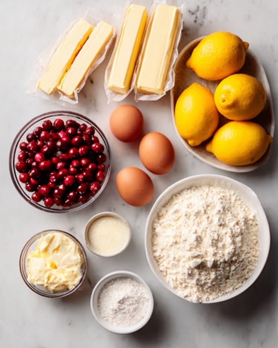 The image shows various baking ingredients arranged neatly on a white marbled surface. There are three sticks of butter with paper wrappers at the top left, a cluster of four brown eggs in front of the butter sticks, and a round white bowl holding bright yellow lemons to the right. At the bottom left, there is a clear glass bowl filled with red cranberries, next to a larger white bowl filled with crumbly white flour. A small white bowl with a creamy ingredient and another small white bowl with a white powder sit near the lemons. The overall colors are warm and natural with a clean, organized look. Photo taken with an iphone --ar 4:5 --v 7