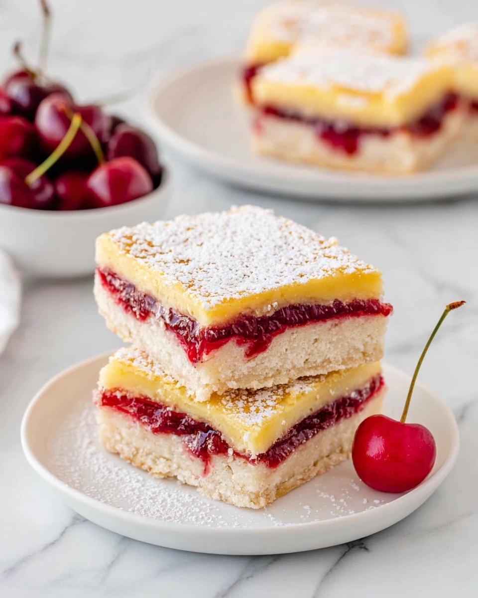 Two square layered bars are stacked on a white plate with a white marbled background. Each bar has three layers: the bottom layer is light and crumbly with a pale beige color, the middle layer is a bright red jam-like filling, and the top layer is a smooth, yellow custard-like layer dusted with powdered sugar. Another white plate with a single bar and a bright red cherry next to it is visible in the background, along with a bowl of cherries. photo taken with an iphone --ar 4:5 --v 7