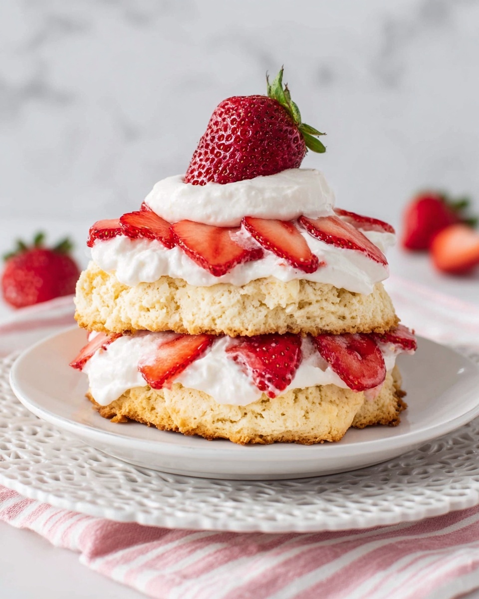 The image shows a three-layer strawberry shortcake on a white plate placed over another white lace-edged plate. The bottom layer is a thick, rough-textured golden biscuit, topped with a thick layer of white whipped cream and sliced red strawberries with visible seeds. The middle layer is another biscuit that looks soft and crumbly, covered again by white whipped cream and more sliced strawberries arranged around the edges. The top layer is a single biscuit topped with a dollop of whipped cream and a whole strawberry with a green leaf on top. The background is a white marbled surface with a soft pink and white striped cloth nearby, photo taken with an iphone --ar 4:5 --v 7