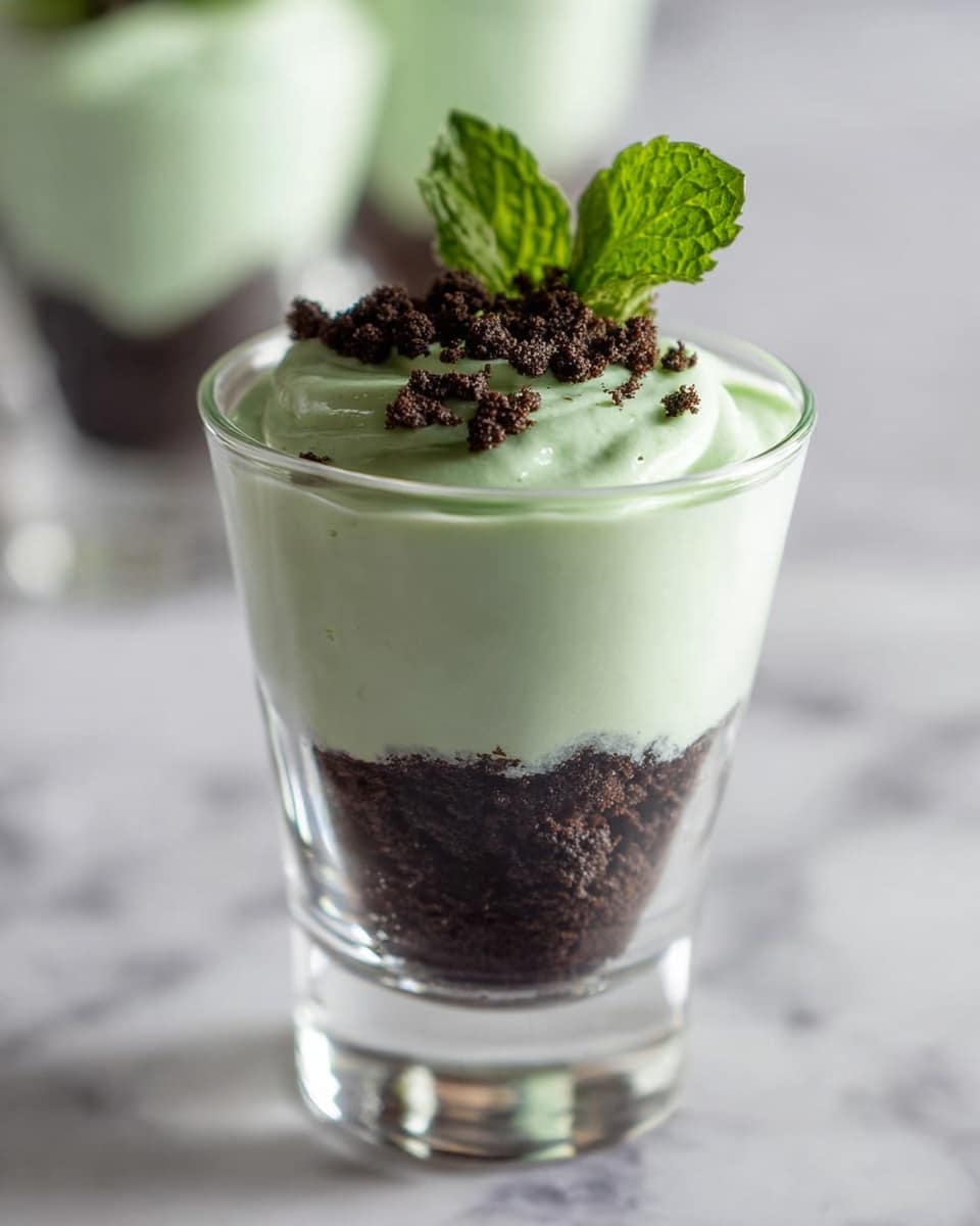 A clear glass holds a two-layer dessert with a thick bottom layer of dark brown crumbly cookie crumbs and a top layer of smooth, fluffy light green cream. On top of the cream are small bits of the dark cookie crumbs and a fresh green mint sprig that adds color and texture. The glass is set against a white marbled background. photo taken with an iphone --ar 4:5 --v 7