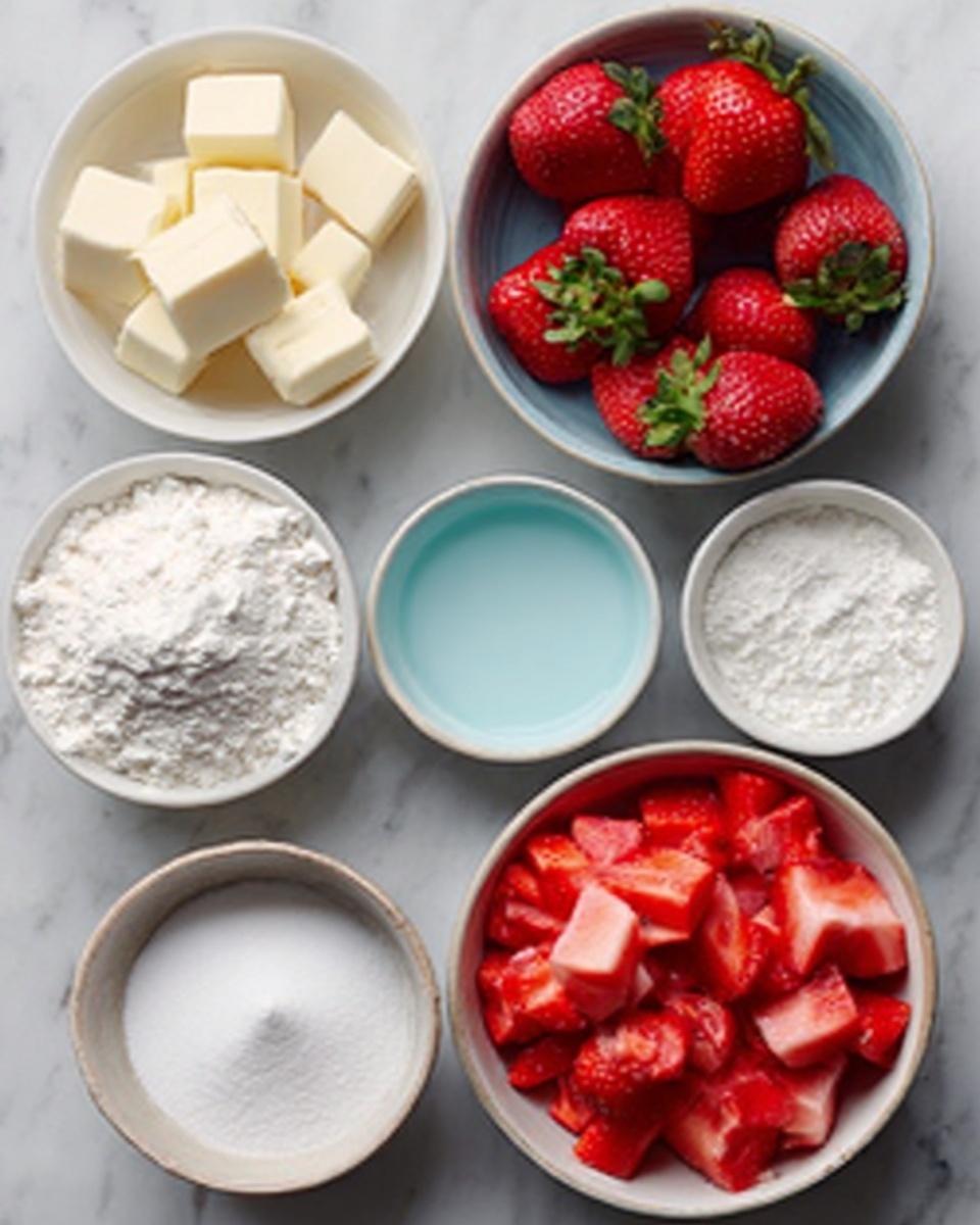 The image shows seven small white bowls arranged on a white marbled surface. The top left bowl contains pale yellow cubes of butter, the center left bowl is filled with white flour, and the top right bowl holds bright red strawberries with green leaves. Below the strawberries, a small bowl with light blue liquid is placed. In the middle bottom, a bowl contains chopped red strawberries with white flesh, while at the far bottom left, there is an empty white bowl. A small dish at the bottom center is filled with white sugar, and another small dish at the bottom right holds a white powdery substance. The textures vary from soft butter to powdery flour and smooth liquid. Photo taken with an iphone --ar 4:5 --v 7