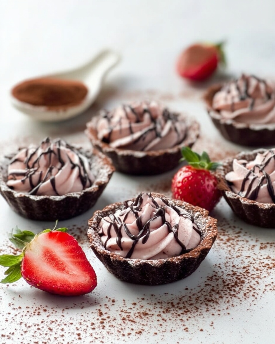 The image shows small round chocolate cups with fluted edges sitting on a white marbled surface. Inside each cup is a swirl of light pink cream topped with thin dark chocolate lines that create a striped pattern. Cocoa powder is scattered around the cups, adding a fine brown texture to the surface. A whole red strawberry and a sliced strawberry, both with visible green leaves, are placed among the cups, adding color contrast. In the background, there is a white spoon filled with cocoa powder, slightly out of focus for depth. photo taken with an iphone --ar 4:5 --v 7