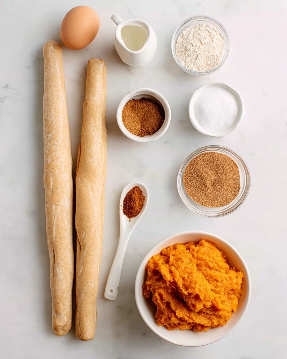 The image shows two long, pale dough sticks laying side by side on a white marbled surface, surrounded by small bowls and ingredients. At the top left, there is one whole egg. To the right, small white bowls contain brown sugar, ground cinnamon, and another bowl with granulated sugar. Below them is a small white sauce pitcher with milk. At the bottom right, a white bowl is filled with bright orange mashed pumpkin. A woman's hand holds one of the small white spoons with cinnamon near the center of the image. The overall look is clean and bright. photo taken with an iphone --ar 4:5 --v 7