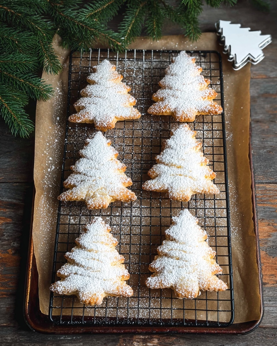 The image shows five tree-shaped cookies on a black cooling rack over brown paper. Each cookie is light golden brown and has a slightly rough texture from being baked. They are dusted with a generous layer of white powdered sugar, covering the tops and edges softly. To the upper right of the cookies, there are two copper-colored cookie cutters shaped like Christmas trees, placed on the edge of the cooling rack. The background surface is a white marbled texture with some green pine branches visible in the upper left corner. Photo taken with an iphone --ar 4:5 --v 7