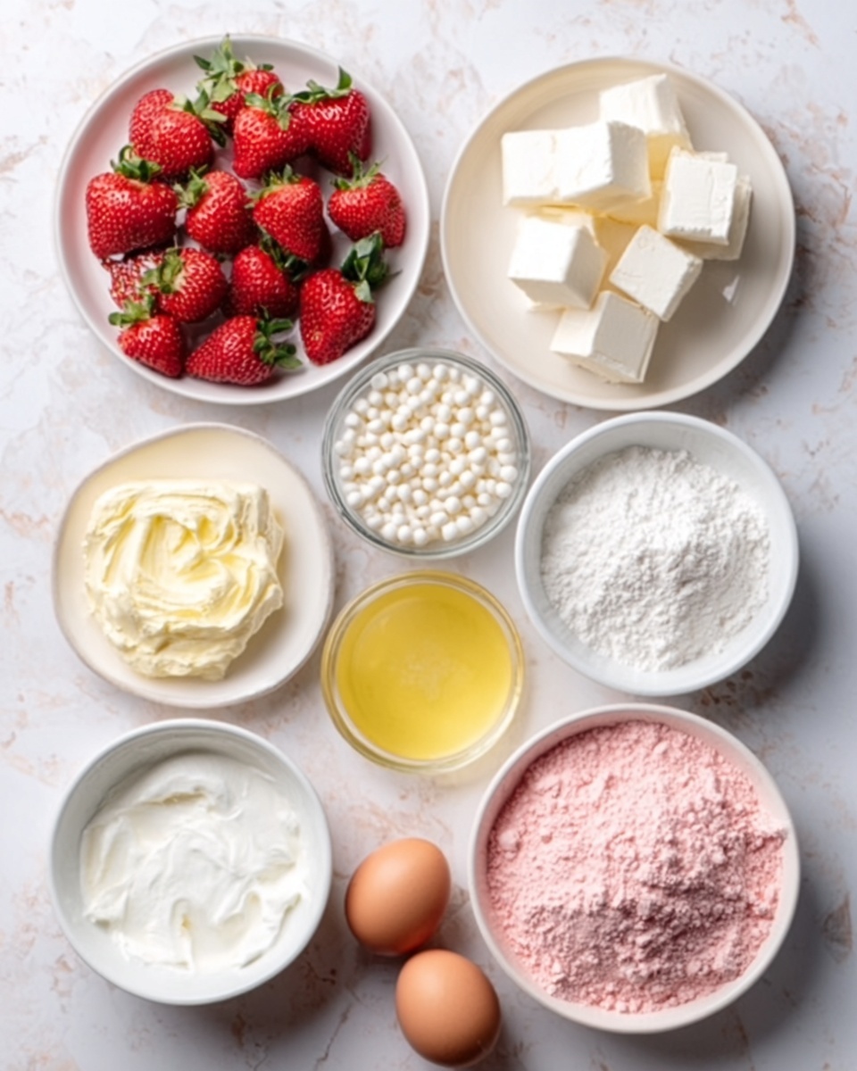 The image shows a white marbled surface with nine white bowls and dishes arranged neatly, each holding different baking ingredients. At the top left is a white bowl full of fresh, bright red strawberries with green leaves. Next to it is a white bowl with four large white blocks of cream cheese. Below those are a white bowl of small white beads, likely white chocolate or sugar pearls, and a bowl of yellow melted butter that looks smooth and shiny. At the bottom left is a bowl of thick white cream, next to two brown eggs placed directly on the surface. In the center is a white bowl filled with fine white powdered sugar, and next to it is a white bowl of pink powder, possibly strawberry cake mix or flour. There is also a clear bowl with a shiny liquid, possibly oil, and a small white bowl with salt. The light gives a soft natural look, and everything is arranged simply on the white marbled background. photo taken with an iphone --ar 4:5 --v 7