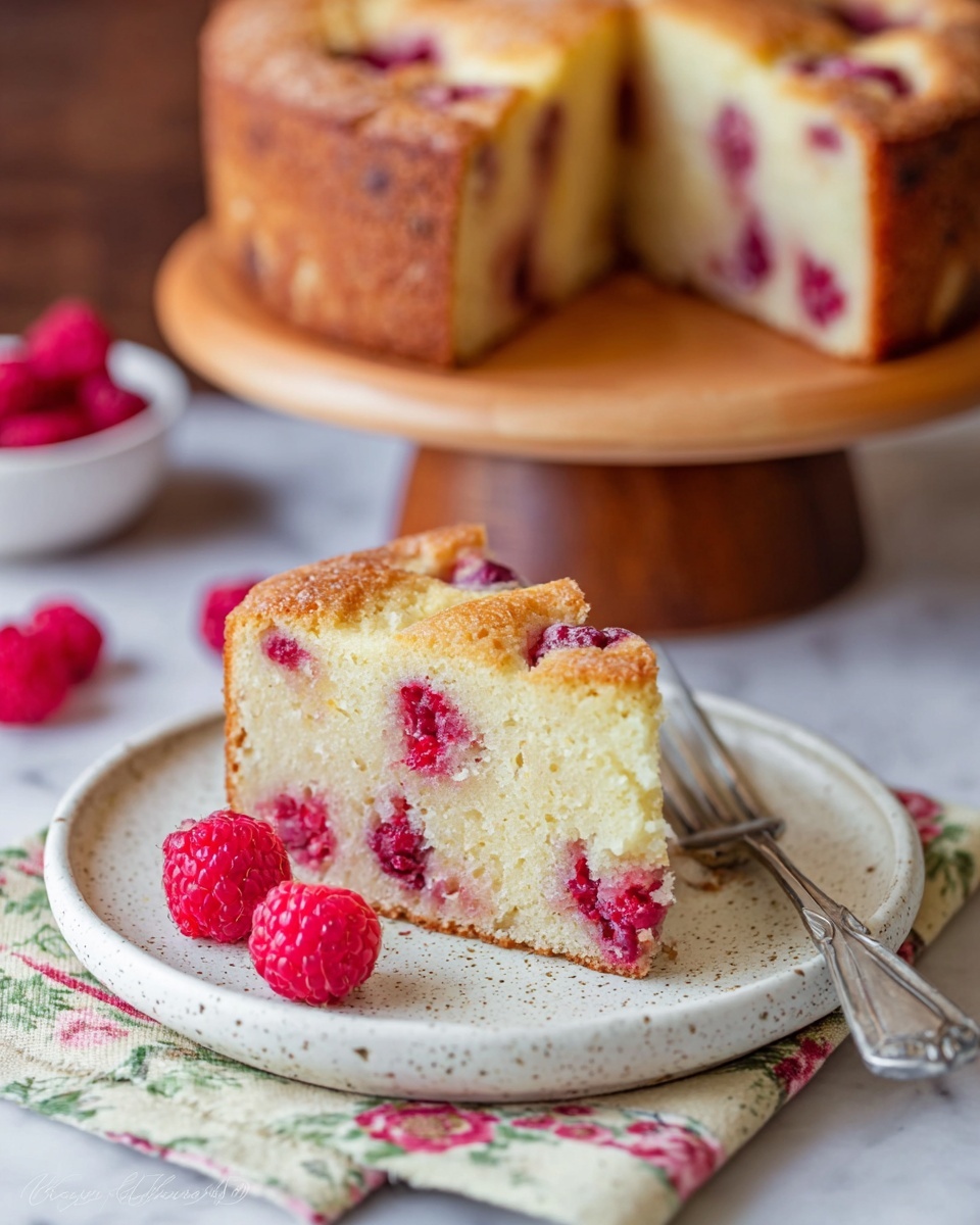 A single slice of light golden cake with bright red raspberries inside is placed on a white speckled plate, showing a soft textured inside with raspberries spread throughout. The cake has a slightly browned crust on top and edges. Two fresh raspberries sit beside the slice on the plate. A silver fork lies next to the slice on a folded cloth napkin with a floral pattern beneath the plate. In the background, the rest of the round cake with similar texture and raspberries is on a wooden cake stand, all set on a white marbled surface. Photo taken with an iphone --ar 4:5 --v 7
