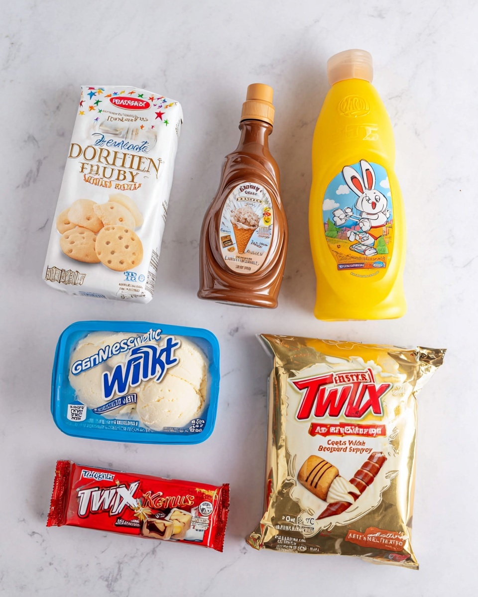 The image shows six items arranged on a white marbled surface: at the top left, a white package of Pepperidge Farm Dublin shortbread cookies; next to it is a brown bottle of Great Value caramel syrup with a label featuring colorful stars and an ice cream cone; on the top right, a tall yellow bottle of Nestle Nesquik chocolate syrup with a cartoon rabbit on the label; below these, on the left, a blue container of Great Value vanilla bean ice cream with scoops of cream-colored ice cream and a vanilla pod on the label; in the center bottom is a red and cream package of Great Value salted sweet cream butter; and on the bottom right, a shiny gold bag of Twix minis with red and white lettering and images of the mini chocolate and caramel bars. Photo taken with an iphone --ar 4:5 --v 7