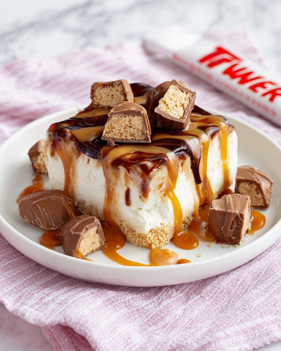A square-shaped dessert sits on a white plate with a crumbly golden base layer, followed by a thick, fluffy white middle layer. The top is covered with two sauces, a light caramel color and a dark chocolate brown, both dripping down the sides. Four small pieces of chocolate candy, some whole and some cut in half to reveal a caramel and biscuit filling, are placed on and around the dessert. The plate rests on a soft pink and white striped cloth over a white marbled surface. Photo taken with an iphone --ar 4:5 --v 7