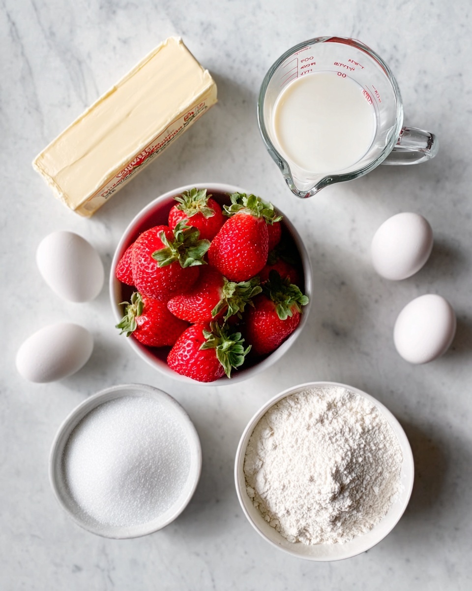 A white marbled surface holds a neat arrangement of baking ingredients: a box of butter on the upper left corner, a white bowl filled with bright red strawberries with green tops in the top center, a glass measuring cup with milk on the right, three white eggs placed in a small triangle on the left, a white bowl filled with white sugar below the eggs, and a white bowl filled with white flour on the bottom right. The colors are soft and natural, highlighting the freshness of the strawberries and the simplicity of the ingredients. photo taken with an iphone --ar 4:5 --v 7