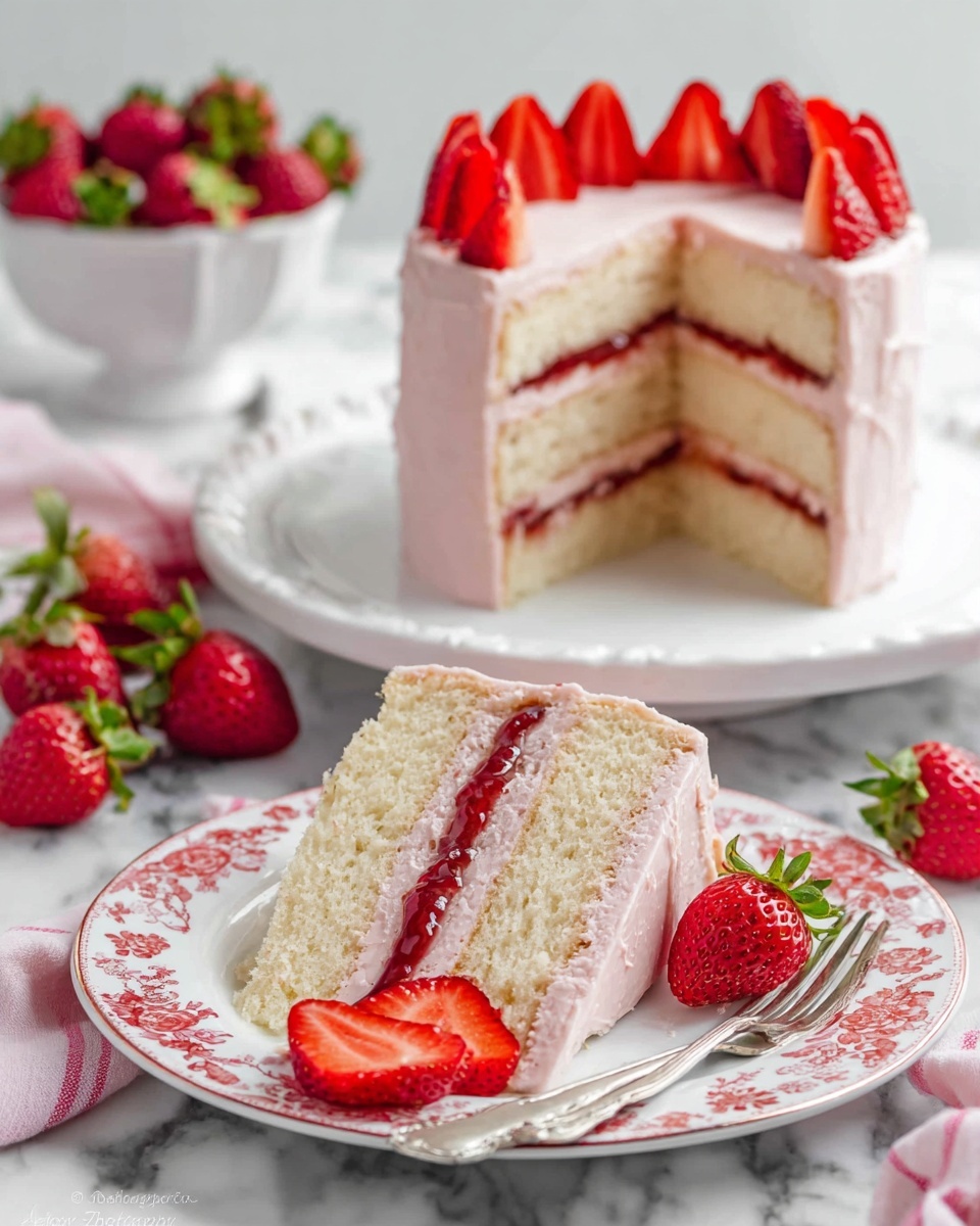 A three-layer white cake with light pink frosting covering the outside and between each layer. Inside the cake, there are two bright red strawberry jam layers separating the three fluffy white cake layers. The top of the cake is decorated with halved fresh strawberries arranged in a circle. A slice of the cake is placed on a white plate with a red floral pattern, showing the inside layers clearly. The slice is accompanied by several fresh strawberry slices on the plate, with a silver fork next to it. The setting includes a white marbled surface with scattered fresh strawberries and a white bowl filled with strawberries in the background. photo taken with an iphone --ar 4:5 --v 7