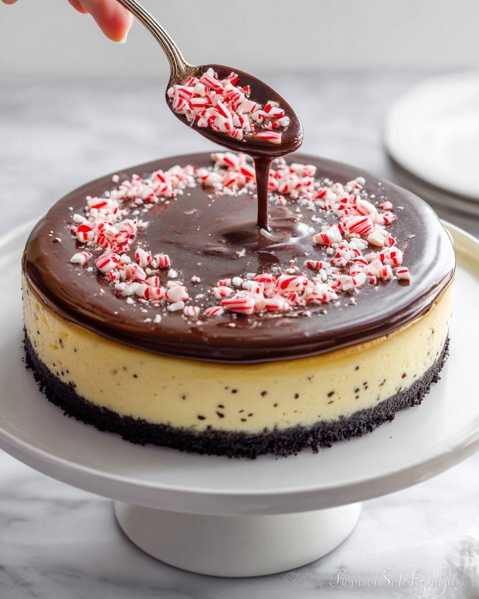 A round cheesecake with three visible layers is shown on a white cake stand sitting on a white marbled surface. The bottom layer is dark and crumbly, forming a crust. Above it, the middle layer is thick, creamy, and light yellow with small black specks. The top layer is a smooth, shiny dark chocolate glaze spread in a circular shape, covering the cheesecake's surface. Red and white crushed peppermint candy pieces are scattered over the chocolate layer. A woman's hand holding a spoon is sprinkling additional candy pieces from above. Photo taken with an iphone --ar 4:5 --v 7