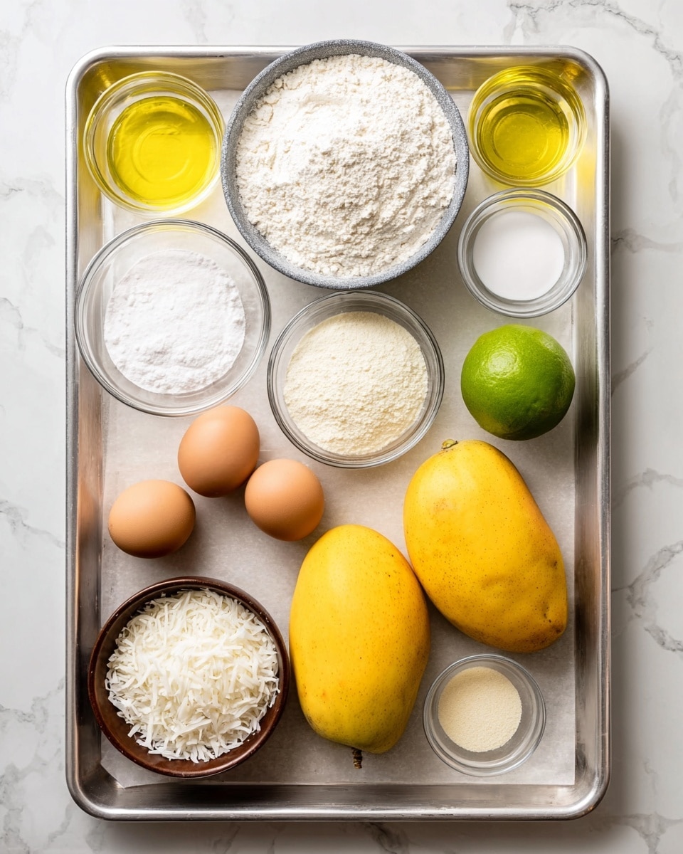 This image shows a metal baking tray with parchment paper on a white marbled surface. Inside the tray, there are two large yellow mangoes positioned on the bottom right, with a bright green lime nearby. Above the mangoes, a small clear glass container holds a yellow liquid, likely oil. Next to it, a gray bowl filled with white flour is centered in the top row. To the left of the flour, a clear glass bowl contains white sugar, and below the sugar is another clear glass bowl holding white powder, likely powdered sugar. Two brown eggs sit in the middle of the tray, just below the flour. Below the eggs, a small clear bowl contains baking powder, a slightly larger clear bowl has a pale yellow powder, and a tiny clear bowl closer to the bottom left holds salt. In the bottom left corner, a brown bowl is filled with shredded coconut. The whole setup is bright and clean, arranged neatly in layers by color and size. Photo taken with an iphone --ar 4:5 --v 7