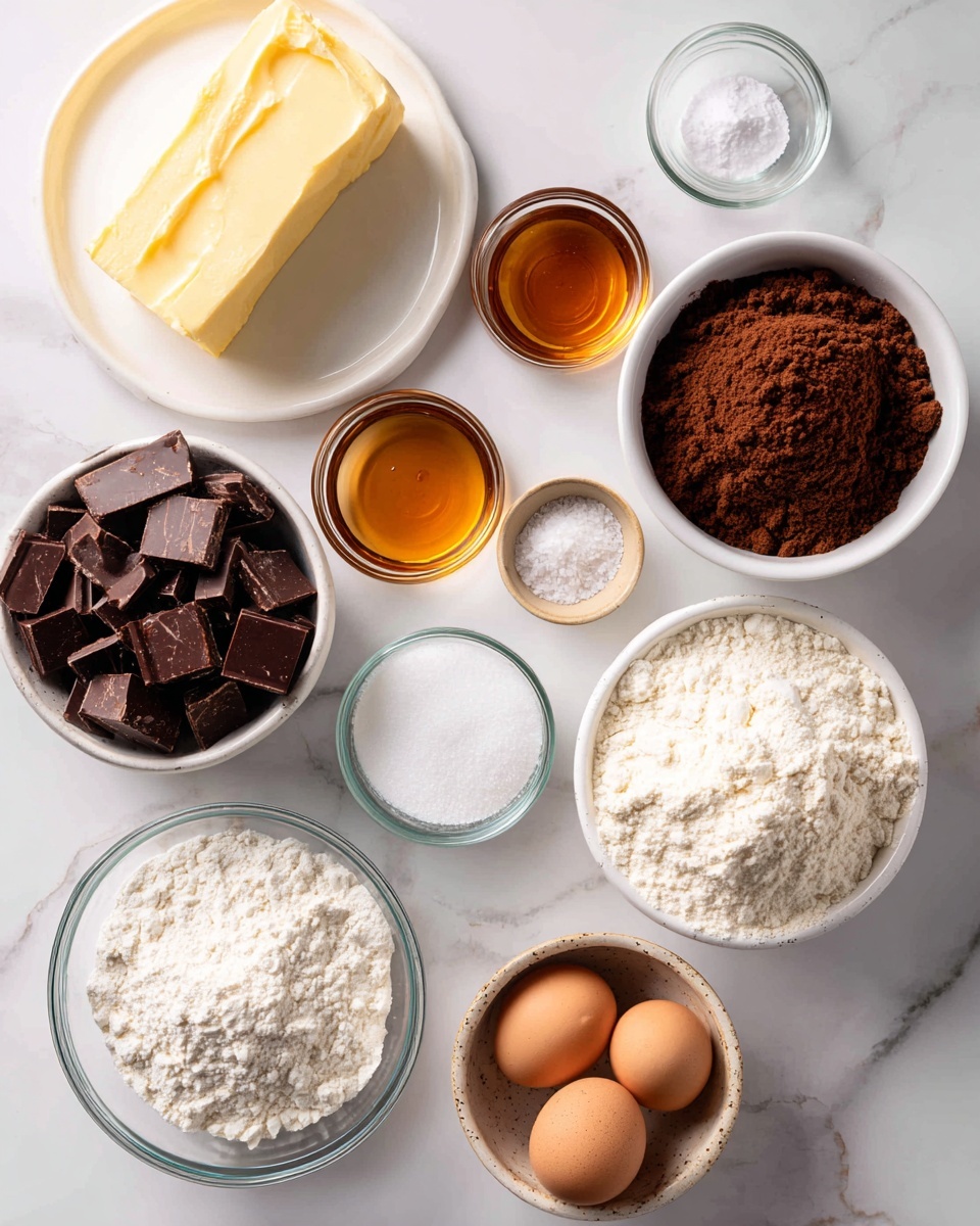 The image shows an overhead view of clear and white bowls arranged neatly on a white marbled surface, each filled with different baking ingredients. Starting from the top left corner, a large block of pale yellow butter sits on a small white plate. To the right, a small clear bowl holds amber-colored vanilla extract, next to it a tiny clear bowl with white baking soda. Below, a large clear bowl is filled with dark brown packed brown sugar, and beside it a medium white bowl contains white flour with a slightly lumpy texture. Below the brown sugar, a small clear bowl holds coarse sea salt, near it another small clear bowl has white baking powder. Towards the bottom left, a white bowl holds roughly chopped dark chocolate pieces with a rich texture, next to it a clear bowl filled with fine white sugar. A white bowl with semi-sweet chocolate chips is nearby, and lastly a small rustic ceramic bowl contains two light brown eggs. The scene is clean, organized, and set on a smooth white marbled surface, photo taken with an iphone --ar 4:5 --v 7