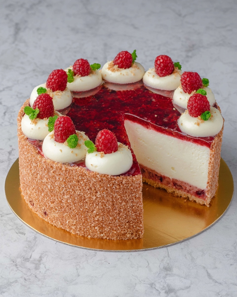 The image shows a round cake with four visible layers. The bottom layer is a solid, light brown crumb crust, thick and uniform, forming the base and sides of the cake. Above that is a thick, smooth white creamy layer filling most of the cake's height. On top of the creamy layer is a thin, glossy red berry jelly layer. The top layer consists of white dollops of cream evenly spaced over the berry jelly, decorated with fresh red raspberries and small green mint leaves. The cake is sitting on a shiny golden base, placed on a white marbled surface. Photo taken with an iphone --ar 4:5 --v 7