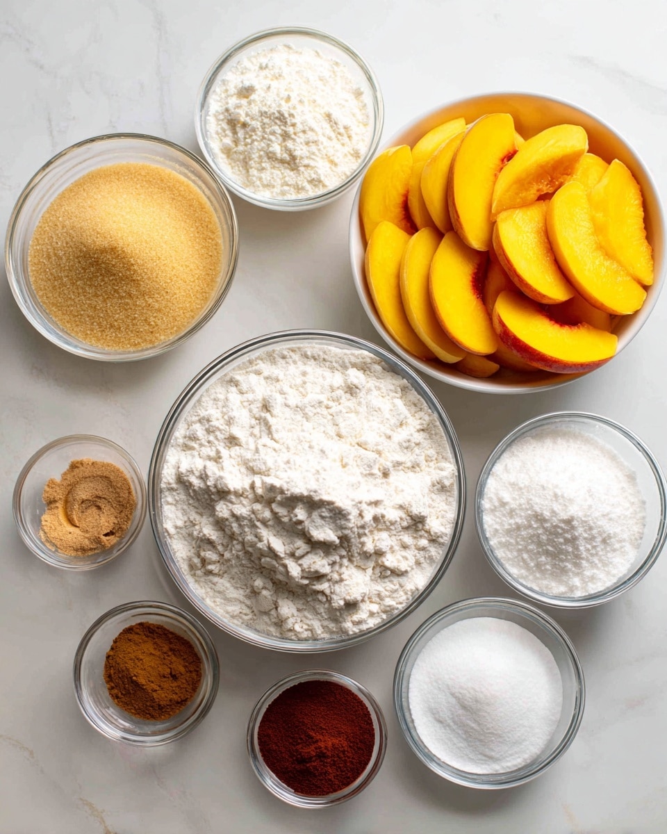 The image shows several clear glass bowls with different ingredients arranged on a white marbled surface. In the center is a medium bowl filled with white flour, with a large bowl on the right side holding bright yellow and orange sliced peaches. Around the flour bowl, there are smaller bowls with various powders and granules: light brown sugar, white granulated sugar, a small bowl of light beige powder (likely cinnamon), a small bowl of reddish-brown powder (likely another spice), and bowls with white fine powders like baking soda or cornstarch. The bowls are all transparent and neatly placed, showing the texture and color of each ingredient clearly. Photo taken with an iphone --ar 4:5 --v 7