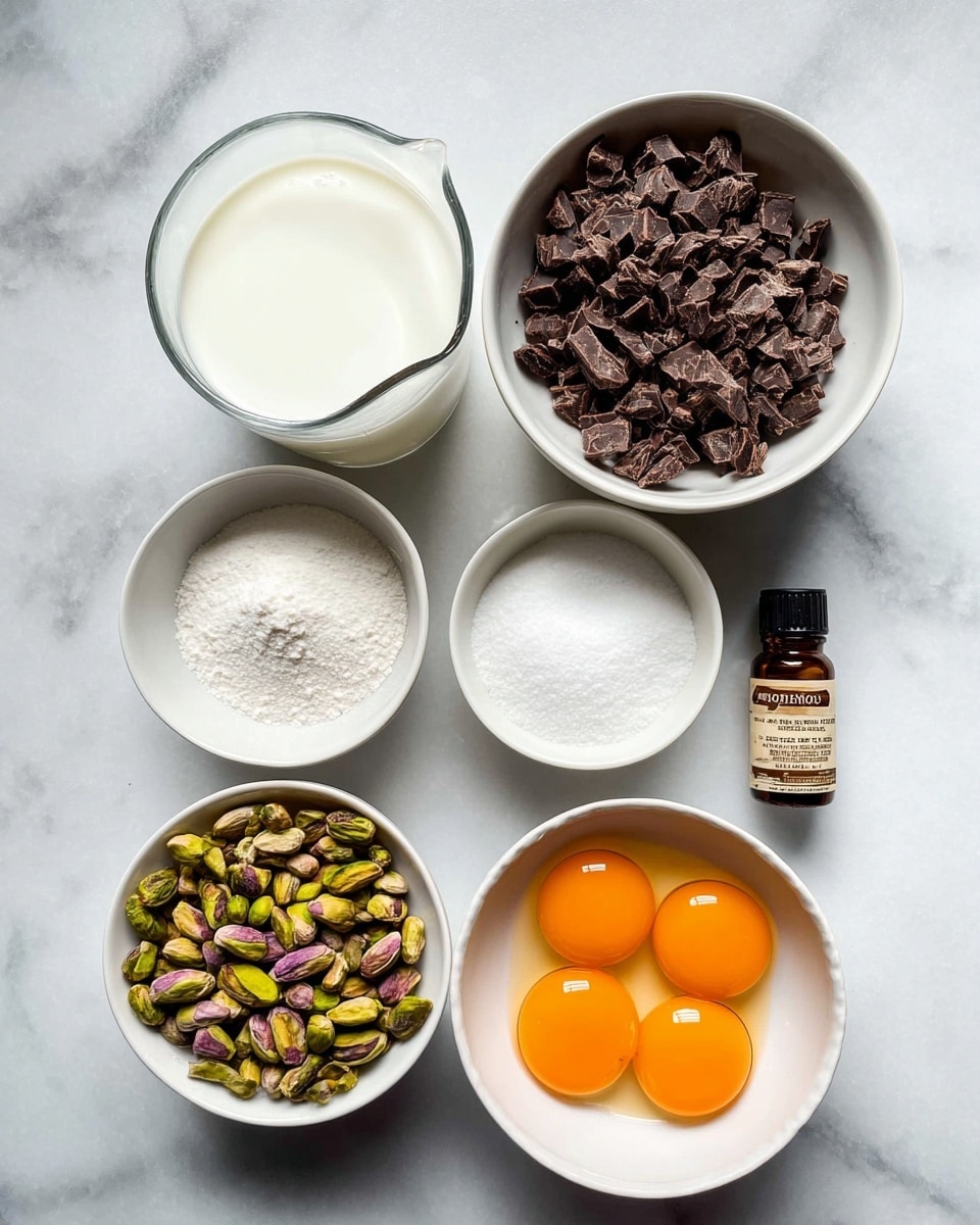 The image shows six containers arranged on a white marbled surface. At the top right, there is a white bowl filled with small dark chocolate pieces that look rough and uneven. Next to it on the left is a clear glass jug filled with white cream. Below the chocolate bowl is another white bowl filled with white sugar, smooth and fine in texture. To the left of the sugar bowl is a small white bowl filled with green pistachio nuts, some with purple hues. At the bottom center, there is a white bowl holding five bright orange egg yolks, smooth and shiny. Near the pistachio bowl, there is a small brown bottle labeled almond extract, sitting upright. The lighting highlights the colors and textures clearly, photo taken with an iphone --ar 4:5 --v 7