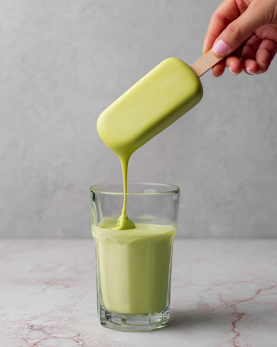 A close-up image showing a woman's hand holding a wooden stick with a pale green ice cream bar dripping a thick layer of the same green liquid into a clear glass filled with matching pale green liquid. The scene is set against a light grey textured background that contrasts softly with the creamy green color. The ice cream bar is smooth and rounded with no visible pattern, and the liquid drizzle flows elegantly from the bar into the glass below, which rests on a white marbled surface. photo taken with an iphone --ar 4:5 --v 7