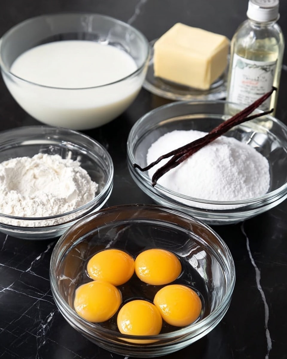 The image shows a group of clear glass bowls and a small bottle arranged on a dark surface. In the center front, there is a bowl with five cracked eggs with bright yellow yolks visible in the clear egg whites. To the right of that, there is a bowl filled with white sugar and a brown vanilla bean stick lying across the top. Behind the eggs, slightly to the left, is a larger bowl filled with thick white liquid, likely cream or milk. To the leftmost side, there is a smaller bowl containing white flour. In the back right, a small glass bottle with a white label is standing next to a round bowl holding a pale yellow block of butter. The background around all items is a white marbled texture. Photo taken with an iphone --ar 4:5 --v 7