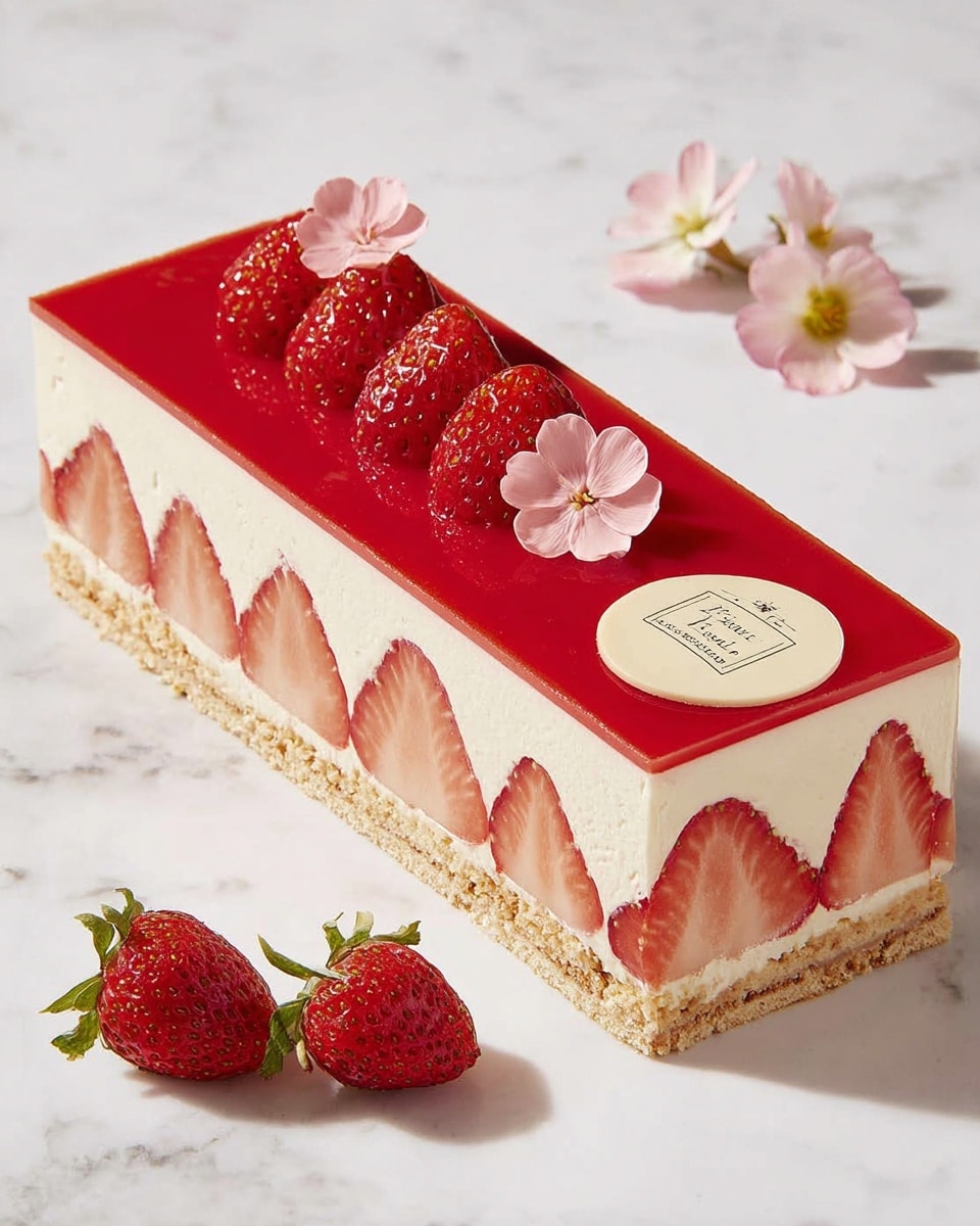 A rectangular strawberry dessert with four clear layers sits on a white marbled surface. The bottom layer is a light brown textured crust, followed by a thick creamy white layer filled with whole, red strawberries placed side by side with their details visible. Above this is another thin, light brown crust layer. The top layer is smooth and bright red, decorated with halved strawberries arranged vertically in the center, accompanied by small pink flower-shaped decorations and a round beige label with black text. Two whole strawberries are placed near the front left corner of the dessert. Photo taken with an iphone --ar 4:5 --v 7