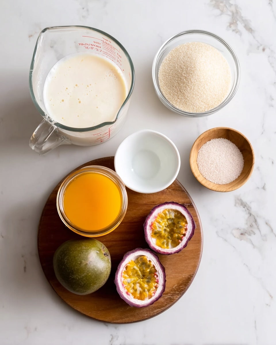 The image shows a white marbled surface with six items arranged neatly. On the top left, there is a clear glass measuring cup filled with a creamy white liquid with some foam on top. Next to it on the right, a clear glass bowl contains a mound of light-colored granulated sugar. Below that, a small white bowl is filled with clear liquid. To the right of this, a small wooden bowl holds a small amount of pale powder, likely salt or seasoning. In the middle, a round wooden board holds a closed glass jar filled with bright orange liquid, likely juice or syrup, along with a green whole passion fruit and two halves of cut passion fruit showing vibrant yellow-orange pulp with black seeds. The colors contrast nicely against the clean white marbled background. photo taken with an iphone --ar 4:5 --v 7