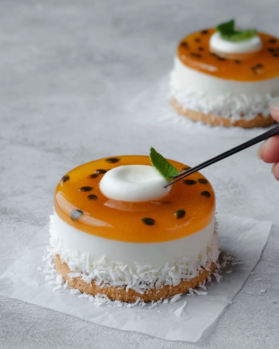 The image shows two round layered desserts on a white marbled surface with a piece of white parchment paper underneath. Each dessert has three layers: the bottom layer is a thin, light brown biscuit base covered with shredded white coconut, the middle layer is an opaque white ring of smooth mousse, and the top layer is a translucent orange gel ring with small dark seeds inside, placed around a small white cylindrical center. One dessert is in the background, while the dessert in the front is being decorated with a small green leaf held by a pair of black tweezers, representing a woman's hand. The overall look is clean and elegant with contrasting textures and fresh colors photo taken with an iphone --ar 4:5 --v 7