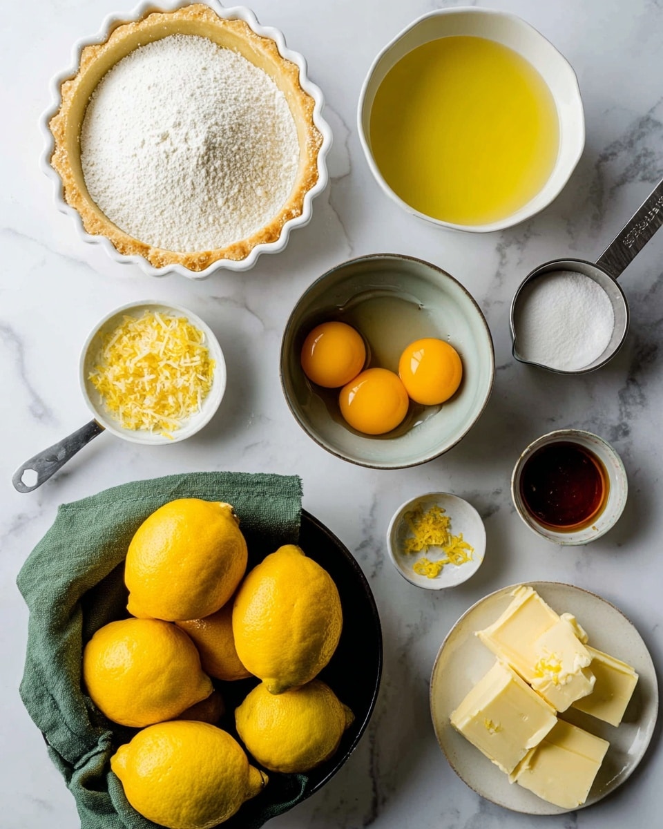 The image shows ingredients for a lemon dessert laid out on a white marbled surface. In the center bottom, there is a black bowl lined with a green cloth holding several bright yellow lemons. To the left, a white tart shell is placed near a metal measuring cup full of white sugar. In the middle, a small gray bowl contains four cracked eggs with visible yellow yolks, and above it, a white bowl holds a yellow liquid, possibly melted butter or lemon juice. To the right, a small white plate has cubes of pale yellow butter. Nearby, a small cup with lemon zest and another tiny container with a dark liquid are visible. The setup looks fresh and bright, ready for baking. Photo taken with an iphone --ar 4:5 --v 7