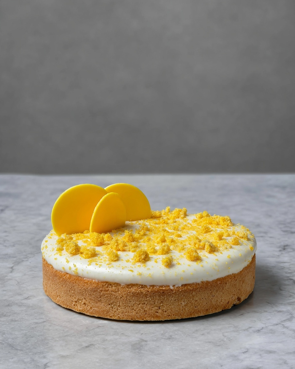 A round tart with a thick light brown crust forms the base layer. On top is a smooth white cream layer that covers the whole tart evenly. This is decorated with crumbled bits and powder in a bright yellow color spread across the cream layer. Two yellow round discs stand upright at the back edge of the tart, adding height and color contrast. The tart is placed on a white marbled surface with a plain gray background. photo taken with an iphone --ar 4:5 --v 7