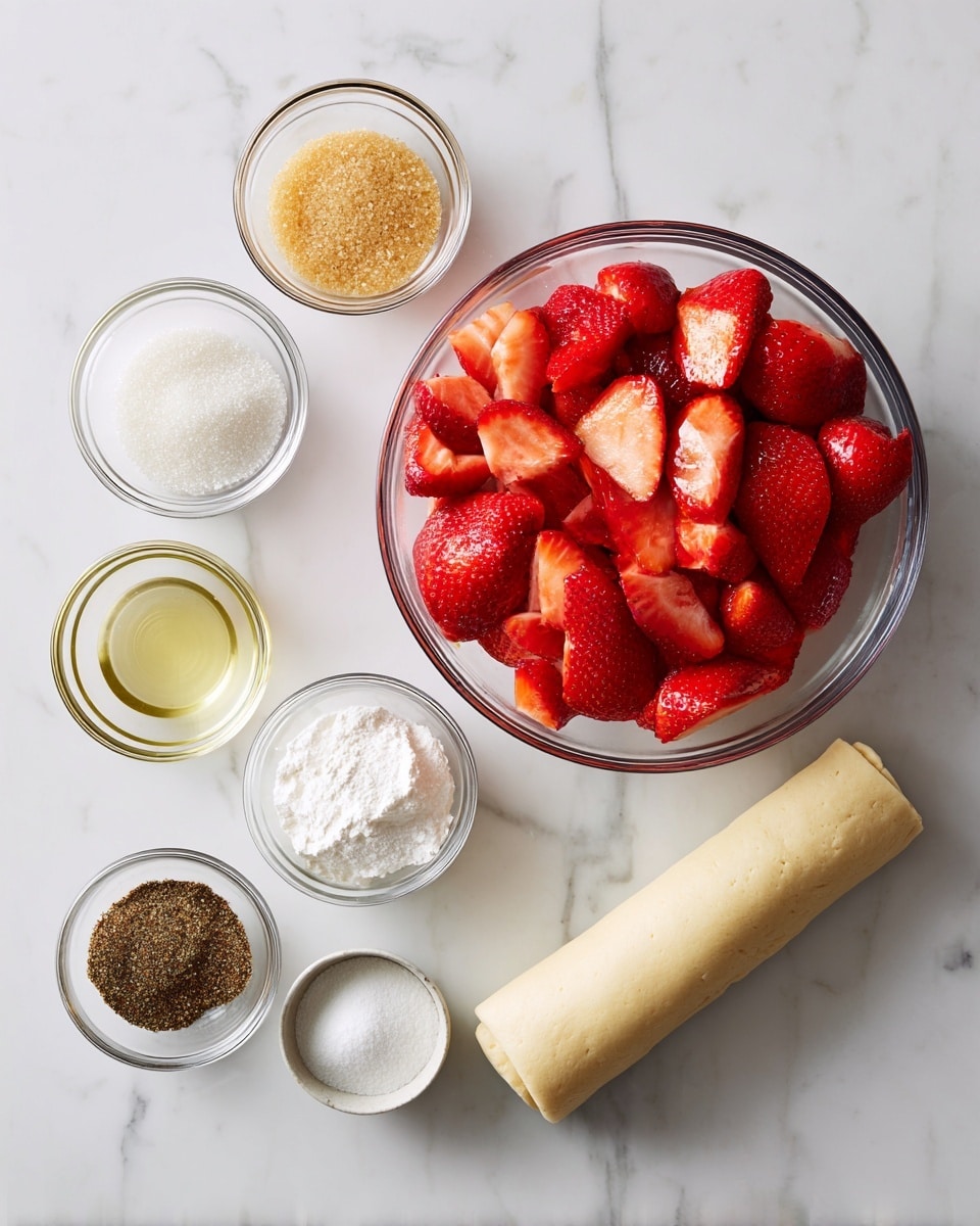 The image shows seven ingredients on a white marbled surface. On the right side, there is a large clear glass bowl filled with bright red sliced strawberries, their juicy, textured flesh visible. Below the bowl, a tightly rolled pale dough stick rests horizontally, smooth and slightly shiny. To the left of the dough, six small clear glass bowls are arranged: one bowl contains golden brown coarse sugar crystals, another has a small pile of white granulated salt, one holds a light yellow clear liquid, another has white powdery cornstarch, a smaller bowl contains white cream, and the last holds dark brown ground spice. The setup is clean and bright with clear details. Photo taken with an iphone --ar 4:5 --v 7
