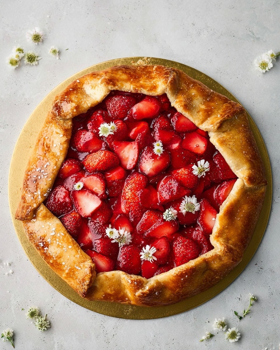 A golden brown rustic galette with a single layer of flaky, folded crust around the edges, encasing a thick, glossy layer of bright red strawberry slices that fill the center, topped with small, delicate white edible flowers scattered evenly. The galette is placed on a thin round gold board, all set against a white marbled texture background photo taken with an iphone --ar 4:5 --v 7
