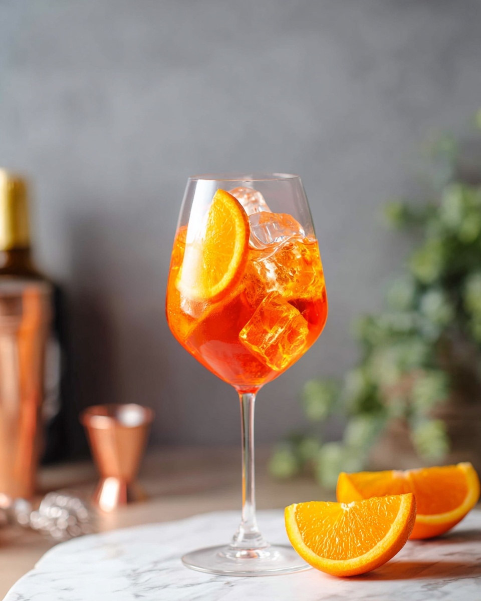A clear large wine glass filled with bright orange liquid and several clear ice cubes, with a round orange slice placed inside near the top, all set on a white marbled surface. Next to the glass are a halved orange and a wedge of orange placed flat. In the blurred background, there is a copper cup, a silver jigger, a partly visible dark bottle with a gold cap, and a soft green plant on the right side, all against a gray wall. Photo taken with an iphone --ar 4:5 --v 7