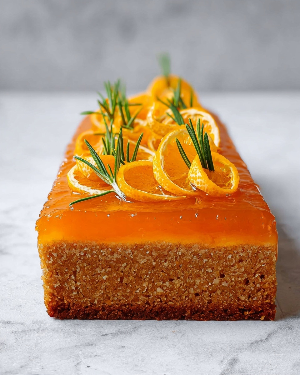 A rectangular cake sits on a white marbled surface, showing two distinct layers. The bottom layer is light brown and looks soft and crumbly, like a spiced cake. The top layer is a shiny, bright orange jelly that covers the entire cake and holds a glossy texture. On top, there are several thin orange peel spirals standing upright, with some small green sprigs of rosemary placed between the spirals, adding a fresh green contrast to the orange jelly. Photo taken with an iphone --ar 4:5 --v 7