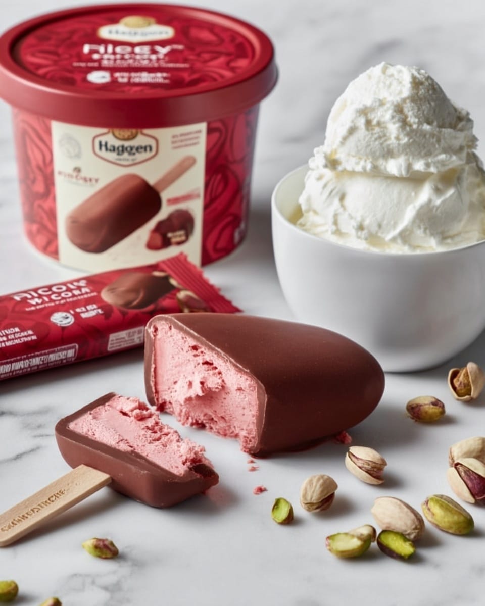 The image shows a ruby red ice cream bar coated in a smooth, shiny chocolate layer with a wooden stick at the bottom. Behind it, there is a white bowl filled with fluffy white whipped cream. Pieces of the ruby chocolate bar are broken near the bowl, revealing a light pink creamy inside. A group of shelled pistachios is scattered on the white marbled surface surrounding the ice cream bar. In the background, there is a pack of Ruby Cacao ice cream bars with a rich red design, standing upright. To the left, a white ice cream container with a picture of the ice cream and the Häagen-Dazs logo is also placed. The whole scene is set on a white marbled surface. photo taken with an iphone --ar 4:5 --v 7