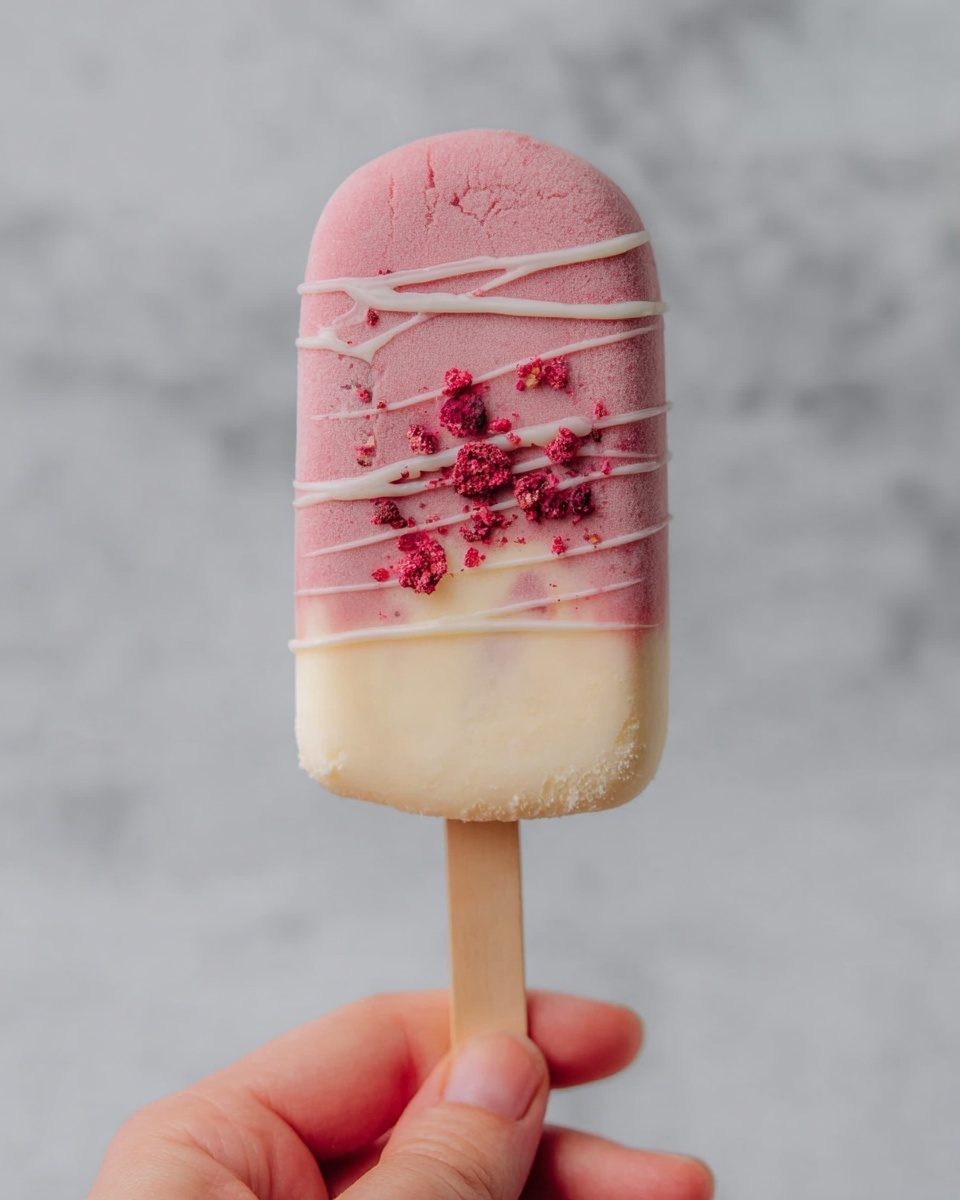 A two-layer frozen dessert bar held by a woman's hand, the bottom layer is pale cream color with a soft, frosty texture, and the top layer is a smooth pink with a matte finish. The pink layer is decorated with thin, white drizzle lines and small bits of crushed red topping in the middle. The wooden stick is natural light brown, and the background has a white marbled texture. photo taken with an iphone --ar 4:5 --v 7