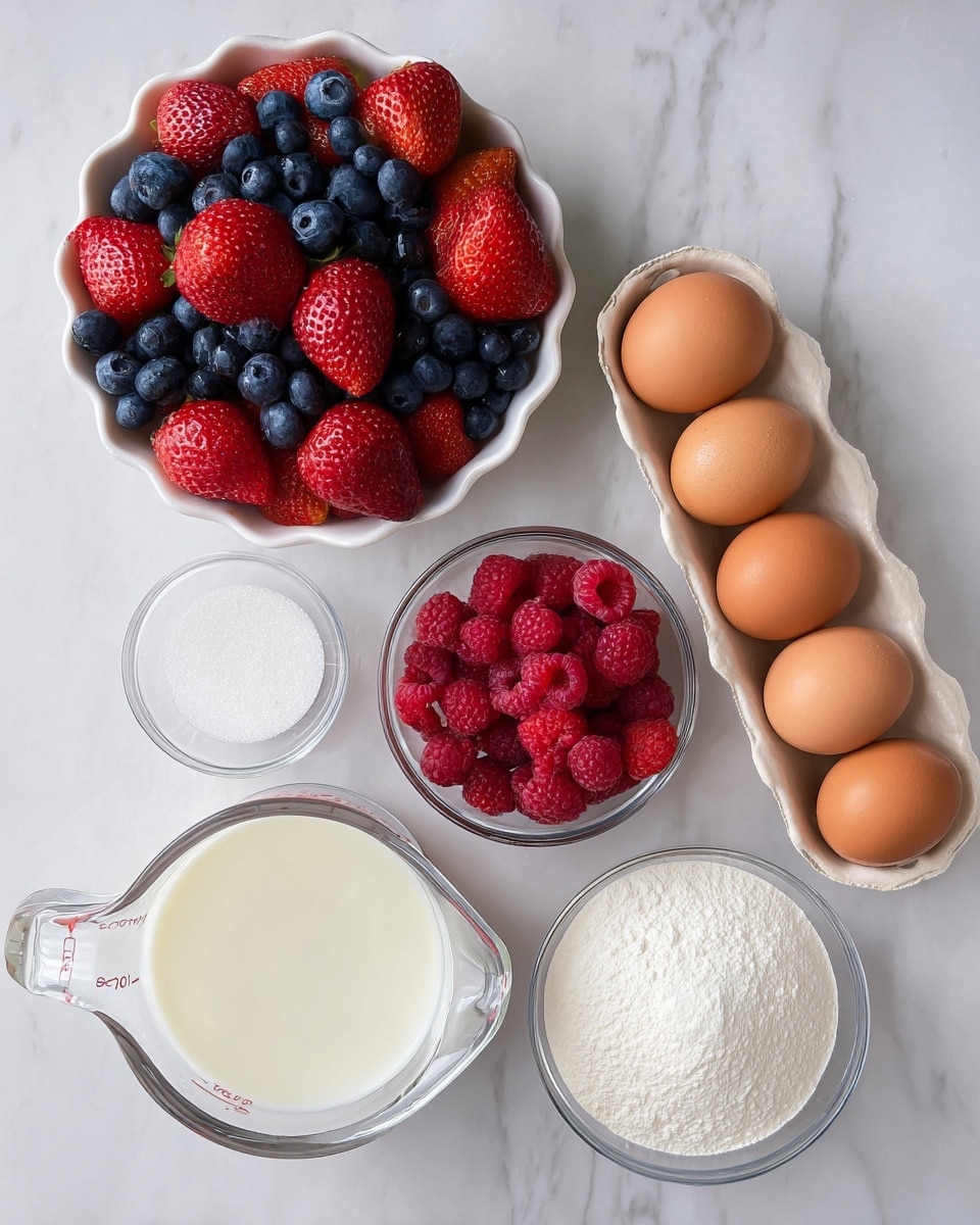 The image shows a top view of several baking ingredients placed on a white marbled surface. At the top left, there is a white scalloped bowl filled with bright red strawberries, dark blue blueberries, and red raspberries mixed together. To the right of the bowl, a clear glass holds white granulated sugar. Below the sugar, a white egg tray contains six brown eggs. At the bottom left, a clear glass measuring cup is filled with milk. Near the measuring cup, there are two small clear bowls: one with white powder, likely flour or baking powder, and the other with a coarser white powder, possibly cornstarch or powdered sugar. The items are spaced neatly and the colors of the fruits contrast with the neutral tones of the other ingredients. Photo taken with an iphone --ar 4:5 --v 7