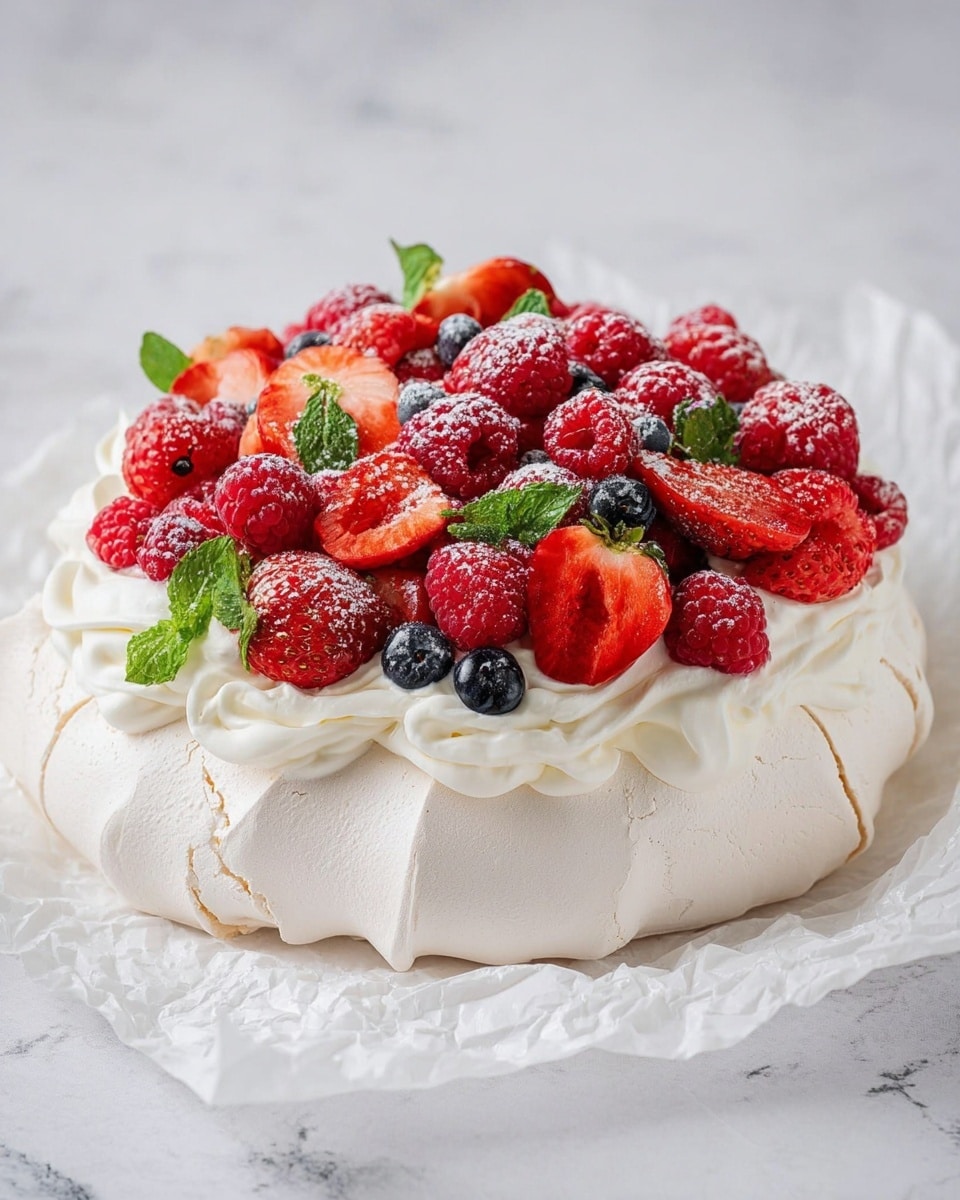 A round pavlova with a white, smooth, and slightly cracked meringue base forms the bottom layer. On top of the meringue, there is a thick, even layer of white whipped cream with soft peaks. The top layer is full of fresh red raspberries, bright red strawberries with green leaves, and a few small blue blueberries, all dusted lightly with powdered sugar. Small green mint leaves are scattered among the berries, adding a fresh color contrast. The pavlova sits on crinkled white parchment paper, set against a white marbled surface. Photo taken with an iphone --ar 4:5 --v 7