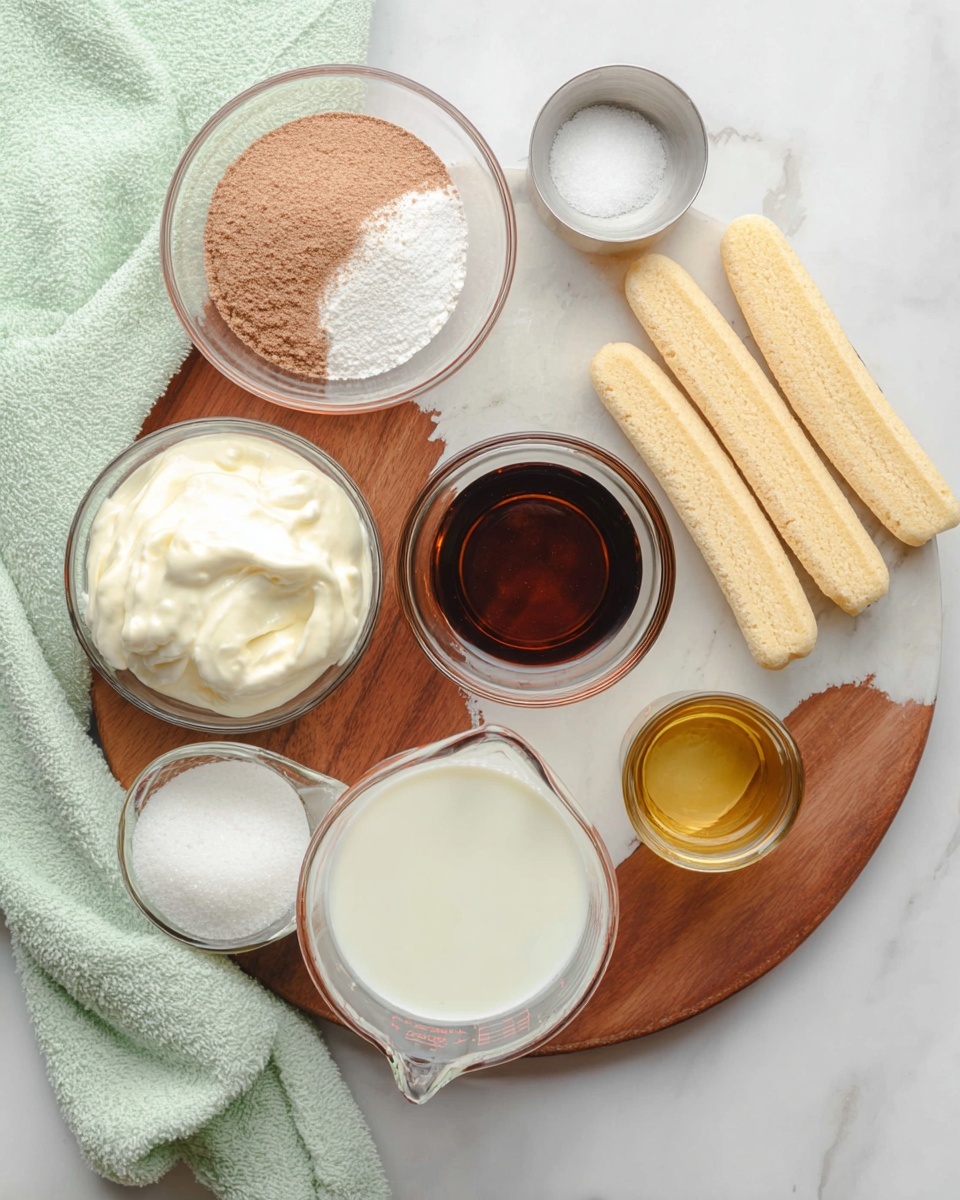The image shows a top view of several small clear glass bowls and a clear measuring cup arranged on a round wooden board and white marbled surface. The bowls hold different ingredients: one has a light brown powder, another has a white creamy substance with soft, smooth texture, and a third contains granulated white sugar. The clear measuring cup is filled with a white liquid. There are two small metal containers, one with a golden liquid and the other with a dark brown liquid. Around the board, there are five light beige ladyfinger biscuits with a slightly rough texture. A light green towel with a soft texture is partially visible on the left side. Photo taken with an iphone --ar 4:5 --v 7