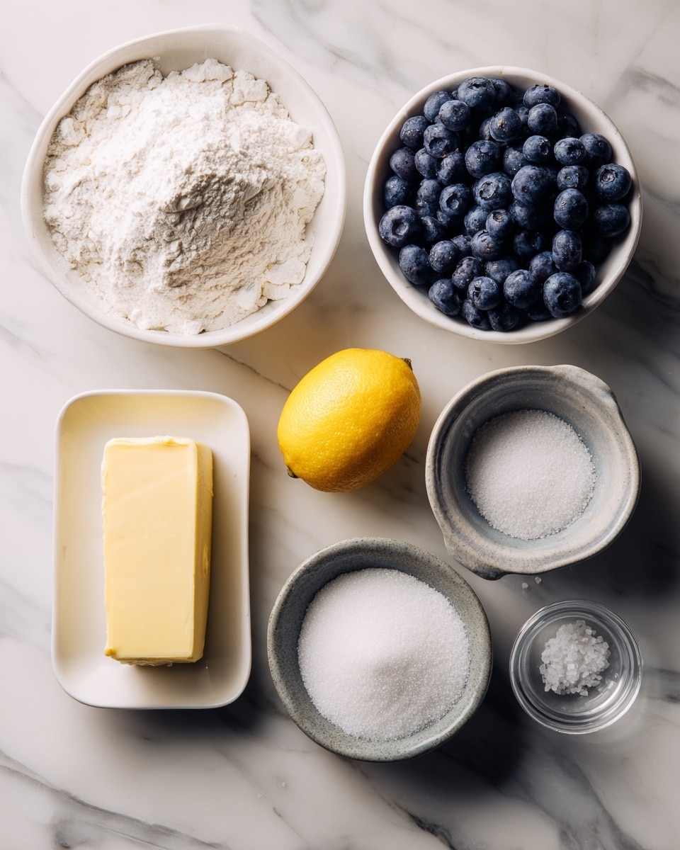 The image shows a white marbled surface with eight items arranged neatly: in the top left, a white bowl filled with white flour; near the center top, a small bowl with white granulated sugar; on the top right, a white bowl full of dark blue fresh blueberries; below the flour bowl, a white rectangular dish holding a yellow stick of butter; below the butter, a whole yellow lemon; in the center, a small round dish with white baking powder; to the right of that, a grayish ceramic bowl full of more white granulated sugar; and finally, on the far right, a tiny clear glass dish holding coarse salt. The photo taken with an iphone --ar 4:5 --v 7