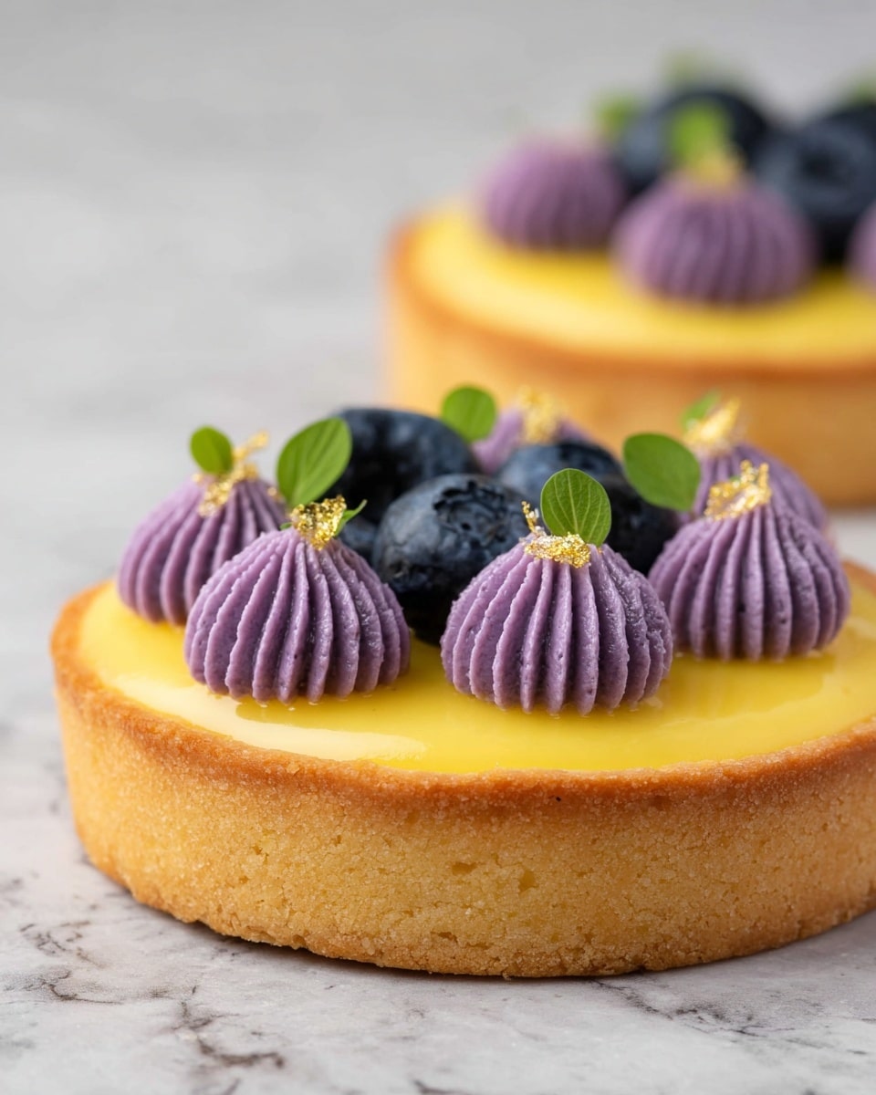 The image shows a small round tart with a light golden brown crust as the base layer. On top, there is a smooth, bright yellow lemon filling that covers the entire surface inside the crust. Around the edge of the tart, there are small dollops of purple cream, each shaped like a swirl with ridges, evenly spaced. Between the purple cream swirls, fresh dark blue blueberries with small gold flakes on some of them are placed, along with tiny green leaves adding a touch of freshness. The tart sits on a white marbled surface, and in the background, there is another similar tart slightly out of focus. photo taken with an iphone --ar 4:5 --v 7