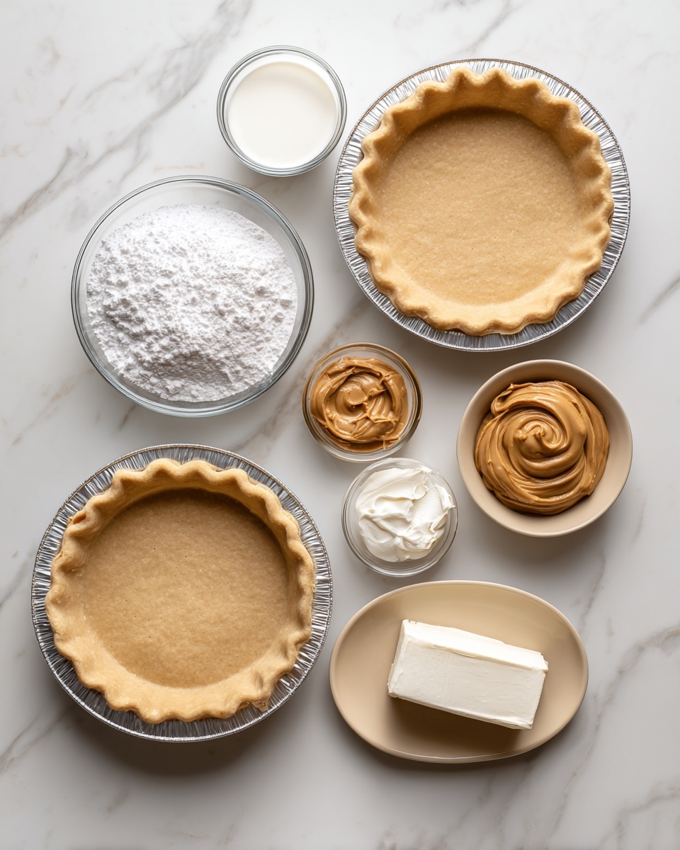 The image shows six ingredients and two pie crusts arranged on a white marbled surface. Two empty golden brown pie crusts in aluminum pans are placed on the right side, one above the other. On the left, there is a small clear glass bowl filled with white powdered sugar, a small clear glass bowl with light brown peanut butter, a small white container with smooth white cream cheese, a small oval beige plate holding a rectangular block of white cream cheese, and a small clear glass bowl of white milk near the top center. All items are neatly spaced, showing smooth and powdery textures. Photo taken with an iphone --ar 4:5 --v 7
