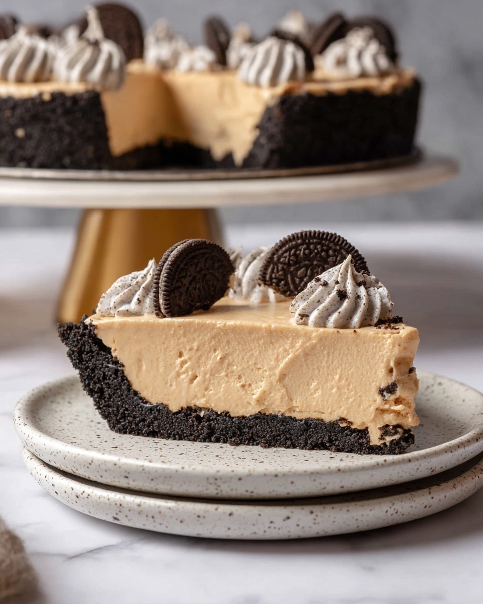 A slice of pie with three visible layers is shown on a white speckled plate over another similar plate, all set on a white marbled surface. The bottom layer is a thick, rough-textured dark chocolate crust. The middle layer is a smooth, creamy light tan filling. On top of the filling are several dollops of light gray cream with dark specks, placed near a small piece of dark chocolate cookie with white cream inside, used as decoration. In the background, the rest of the pie with the same layers and decorations is visible on a gold cake stand. Photo taken with an iphone --ar 4:5 --v 7