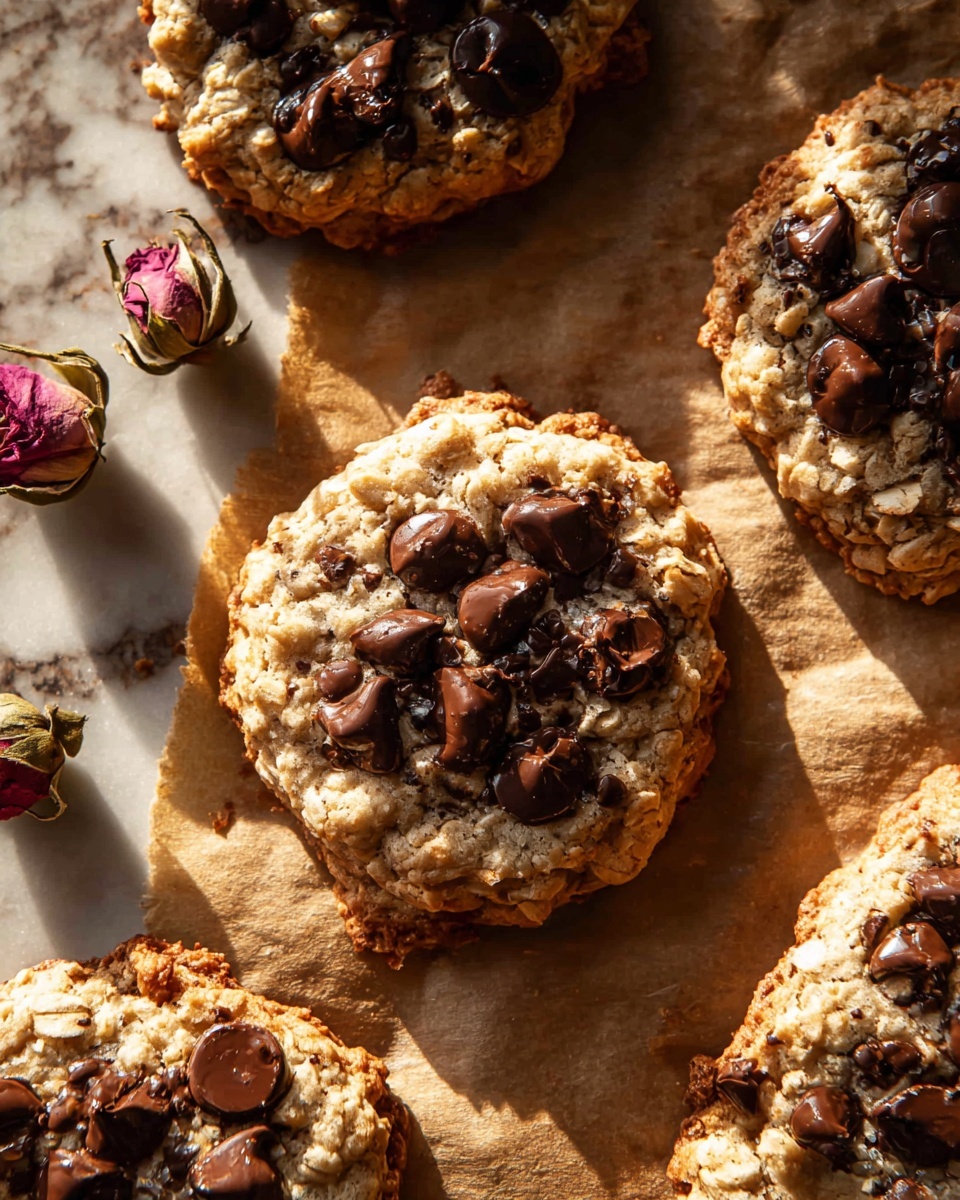 This image shows freshly baked cookies placed on a sheet of brown parchment paper over a white marbled surface. Each cookie has a slightly uneven, round shape with a golden-brown crust at the edges. The top layer is textured with a light beige oat-like dough, studded generously with shiny dark and milk chocolate chips scattered unevenly. The cookies cast soft shadows on the parchment paper, and there are three dried small rosebuds near the upper left corner, adding a subtle decorative touch. The lighting highlights the glossy chocolate pieces and the crumbly texture of the cookies, giving a warm and inviting feel. photo taken with an iphone --ar 4:5 --v 7