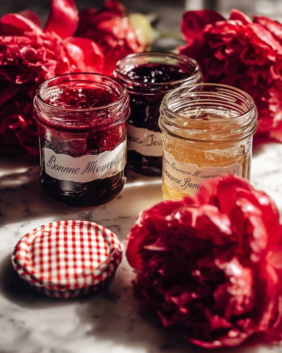 Three glass jars of Bonne Maman preserves are shown on a white marbled surface, each jar filled with different colored preserves: deep red raspberry, dark purple blackberry, and a lighter yellowish one. The jars have white labels with black cursive text, and one red and white checkered lid lies in the foreground. Surrounding the jars are large, vibrant red peony flowers with many textured petals, adding color and softness to the scene. The lighting highlights the glossy texture of the preserves inside the jars and the rich colors of the flowers, creating a warm and inviting atmosphere. photo taken with an iphone --ar 4:5 --v 7