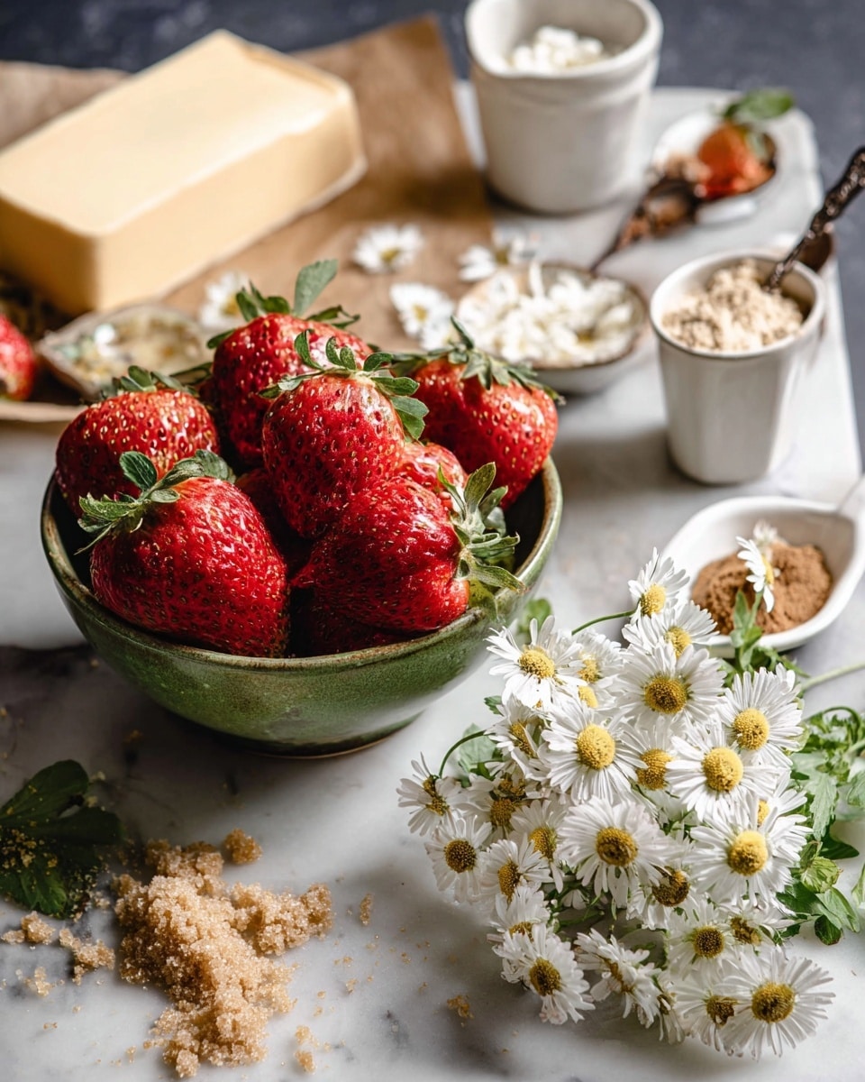 A green bowl full of large, fresh red strawberries with green leaves sits on a white marbled surface. Next to it, a white bowl holds many small, white daisy-like flowers with yellow centers, some flowers spilled onto the surface. Behind the strawberries, there are small white containers, one filled with brown powder and the other holding a white grainy substance, both with spoons inside. In the background on the left, a block of light yellow butter rests on brown parchment paper with some green leaves scattered around. Crumbled brown sugar is scattered near the flowers on the white marbled surface. Photo taken with an iphone --ar 4:5 --v 7
