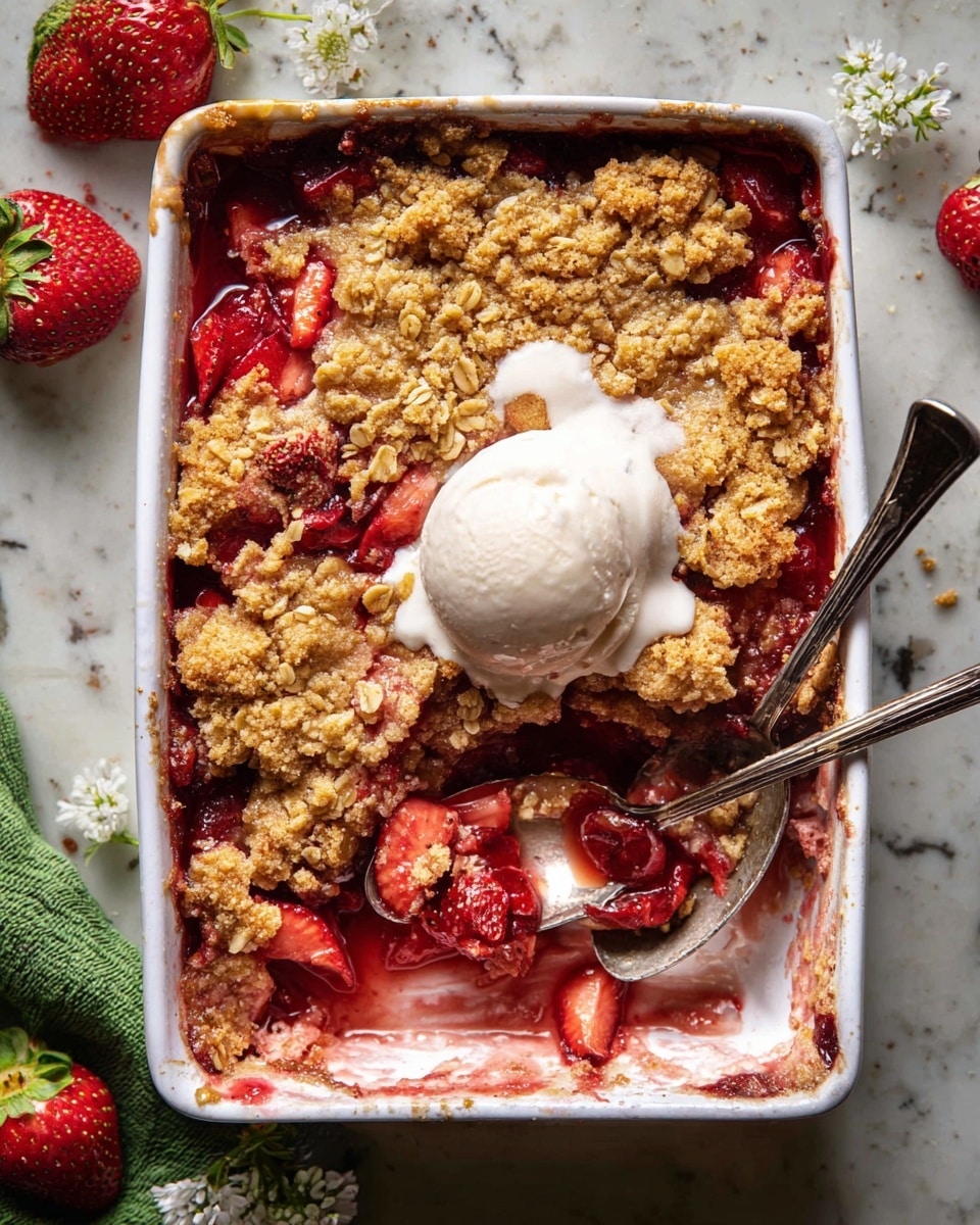 This image shows a white rectangular baking dish filled with a strawberry cobbler. The bottom layer is made of soft, juicy red strawberries with a syrupy texture that spreads slightly around the edges. On top is a golden-brown, rough, and crumbly oat topping broken in some spots, revealing the strawberries underneath. A scoop of melting creamy white vanilla ice cream sits on part of the cobbler, with the ice cream slowly dripping down into the dish. Two silver spoons rest inside the dish, one partially scooping the cobbler and ice cream. The baking dish is placed on a white marbled surface with a few fresh strawberries and small white flowers nearby. Photo taken with an iphone --ar 4:5 --v 7
