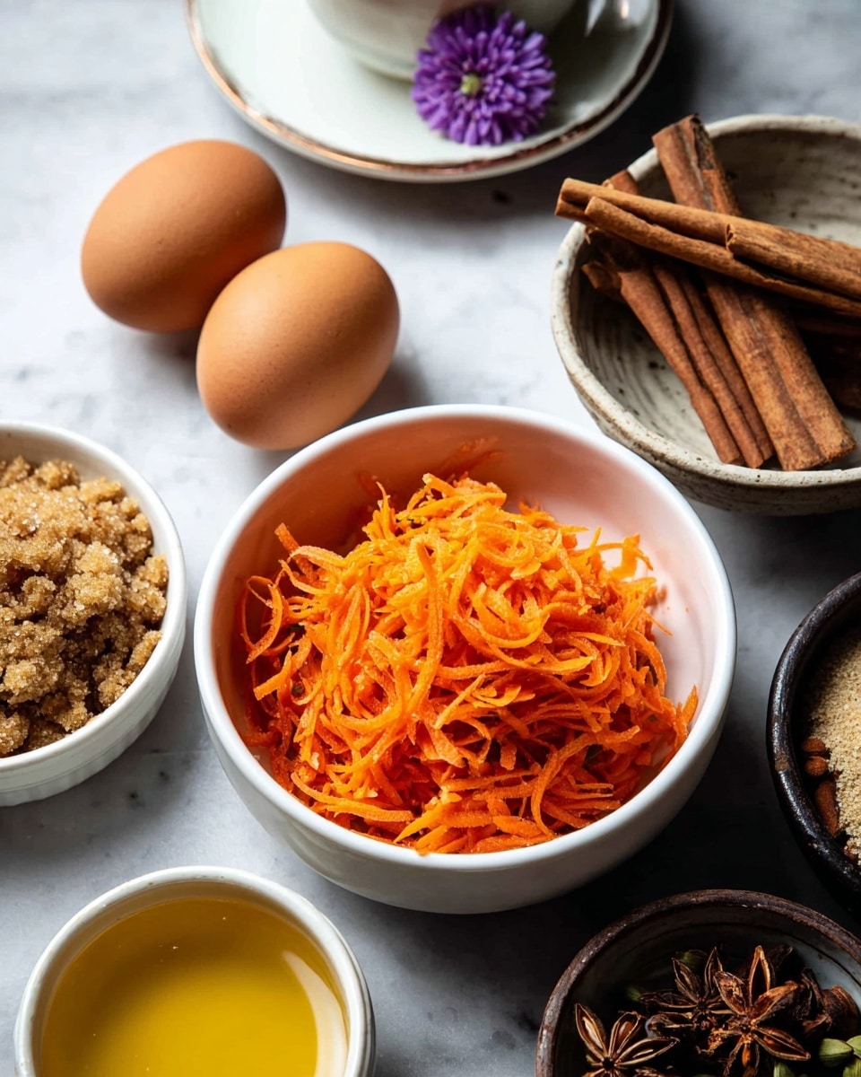 The image shows five white bowls and a white cup arranged on a white marbled surface. The central bowl is filled with a large mound of bright orange shredded carrots that have a fresh, slightly rough texture. To the left, another bowl holds two smooth brown eggs with a matte finish. Behind, a cup with a purple flower on its white saucer peeks into the frame. To the right, one white bowl contains brown sugar with a grainy texture, next to another shallow bowl filled with three long cinnamon sticks, star anise, and cardamom pods sitting on a bed of ground spices. In the front right corner, a small bowl holds a golden liquid with a glossy surface. The photo taken with an iphone --ar 4:5 --v 7