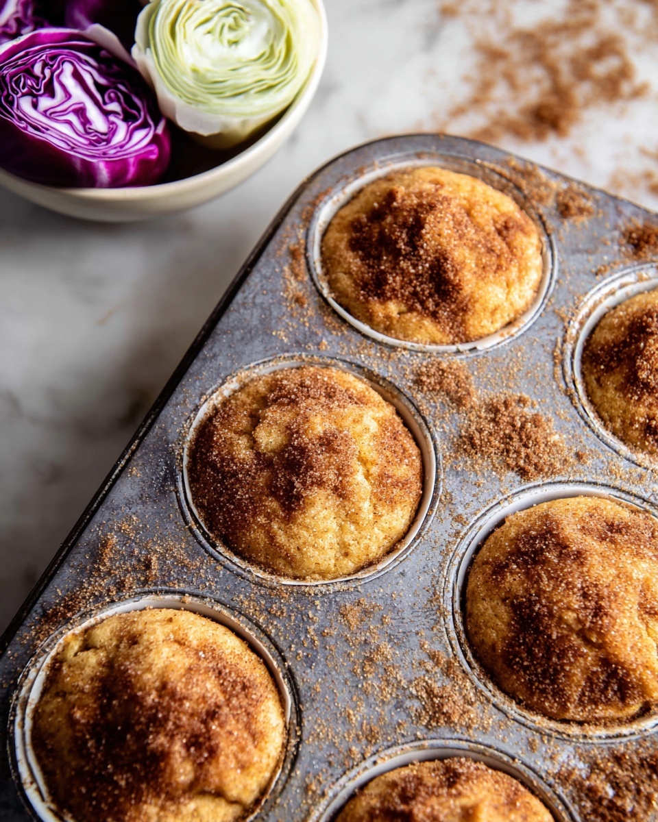 The image shows a close-up of a muffin tray holding golden brown muffins with a rough texture. Each muffin has a crispy top sprinkled with granulated sugar and cinnamon powder, giving a speckled look of light and dark brown on the top surface. The muffins fill each white-coated round cavity of the tray and look soft inside with a bit of crisp outside. In the top left background, there is a white bowl holding a few rolled leaves of purple and white cabbage, contrasting with the warm tones of the muffins. The tray rests on a white marble surface with some sugar and cinnamon crumbs scattered loosely around the muffins, adding more texture to the scene. Photo taken with an iphone --ar 4:5 --v 7