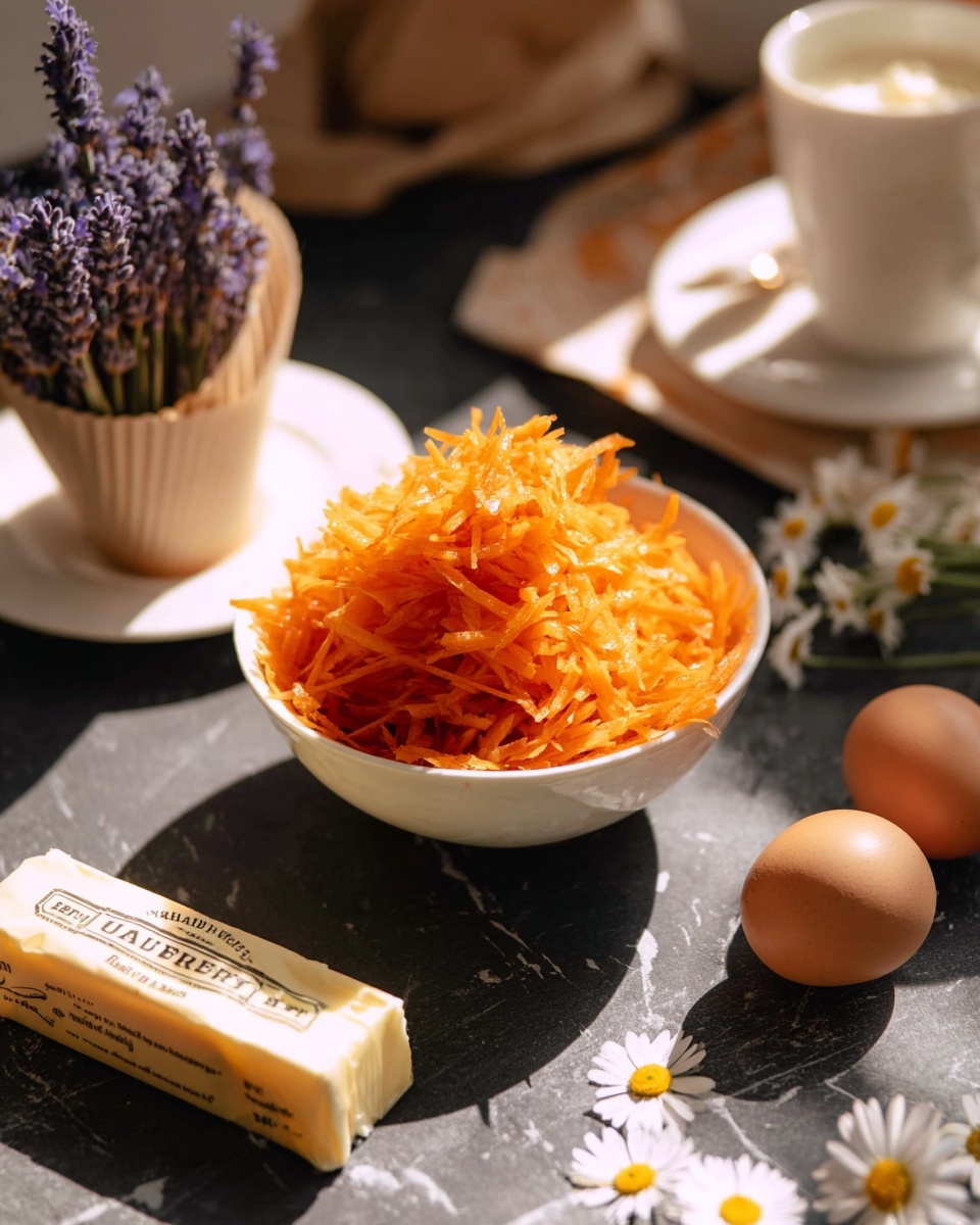 A white bowl filled with a large pile of shredded bright orange carrots sits on a dark surface with a white marbled texture. Next to the bowl are two smooth brown eggs, and in front is a wrapped block of unsalted butter with a light yellow wrapping and black text. In the background, there is a white cup holding lavender flowers with purple petals and green stems, sitting on a white saucer. A beige paper cup liner with some cream inside is also visible near the bowl. Small white daisy flowers are scattered softly around the scene. The lighting creates warm highlights and soft shadows, giving a natural and fresh feeling. Photo taken with an iphone --ar 4:5 --v 7