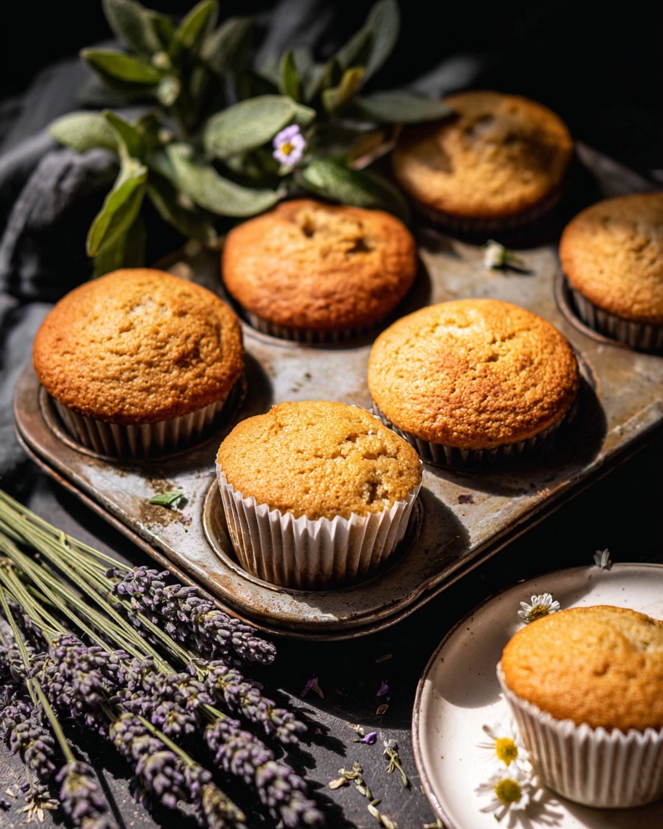 The image shows a close-up of six golden brown muffins in a rustic silver baking tray. The muffins have a soft, slightly cracked top texture, showing a warm, baked color. One muffin is partially sitting on its side in a white liner, while the rest are still in the tray. There are small white flowers scattered around the muffins and in the empty spaces of the tray. In the background, there is a white plate holding a bunch of lavender with green stems and some green leaves, placed on a dark surface. The whole setting is lit by natural light, creating soft shadows and warm highlights. Photo taken with an iphone --ar 4:5 --v 7